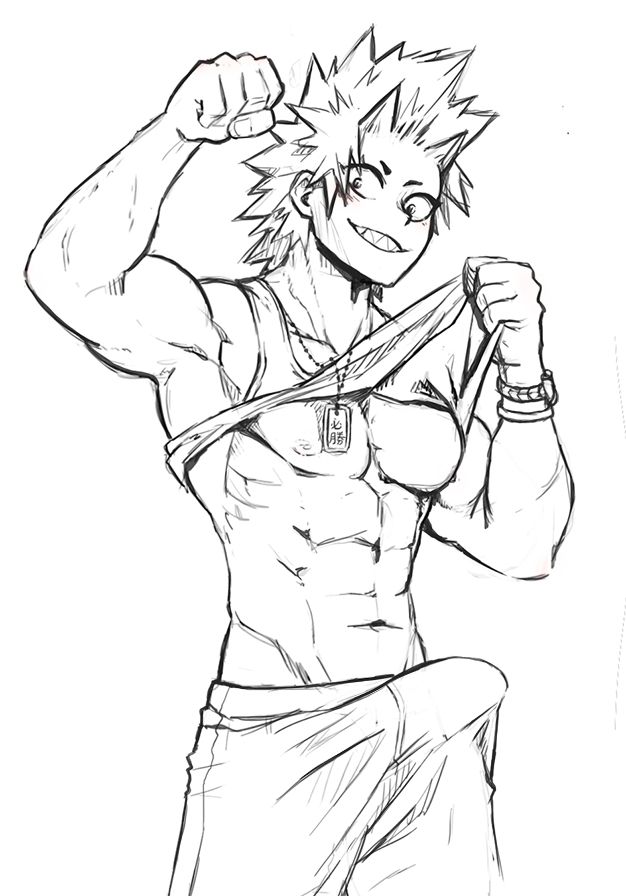 1boy, abs, clothing, eijirou kirishima, erection, insecureillu, male, male only, muscular, muscular male, my hero academia, pants, pulling own clothes, solo, solo focus, solo male, tagme