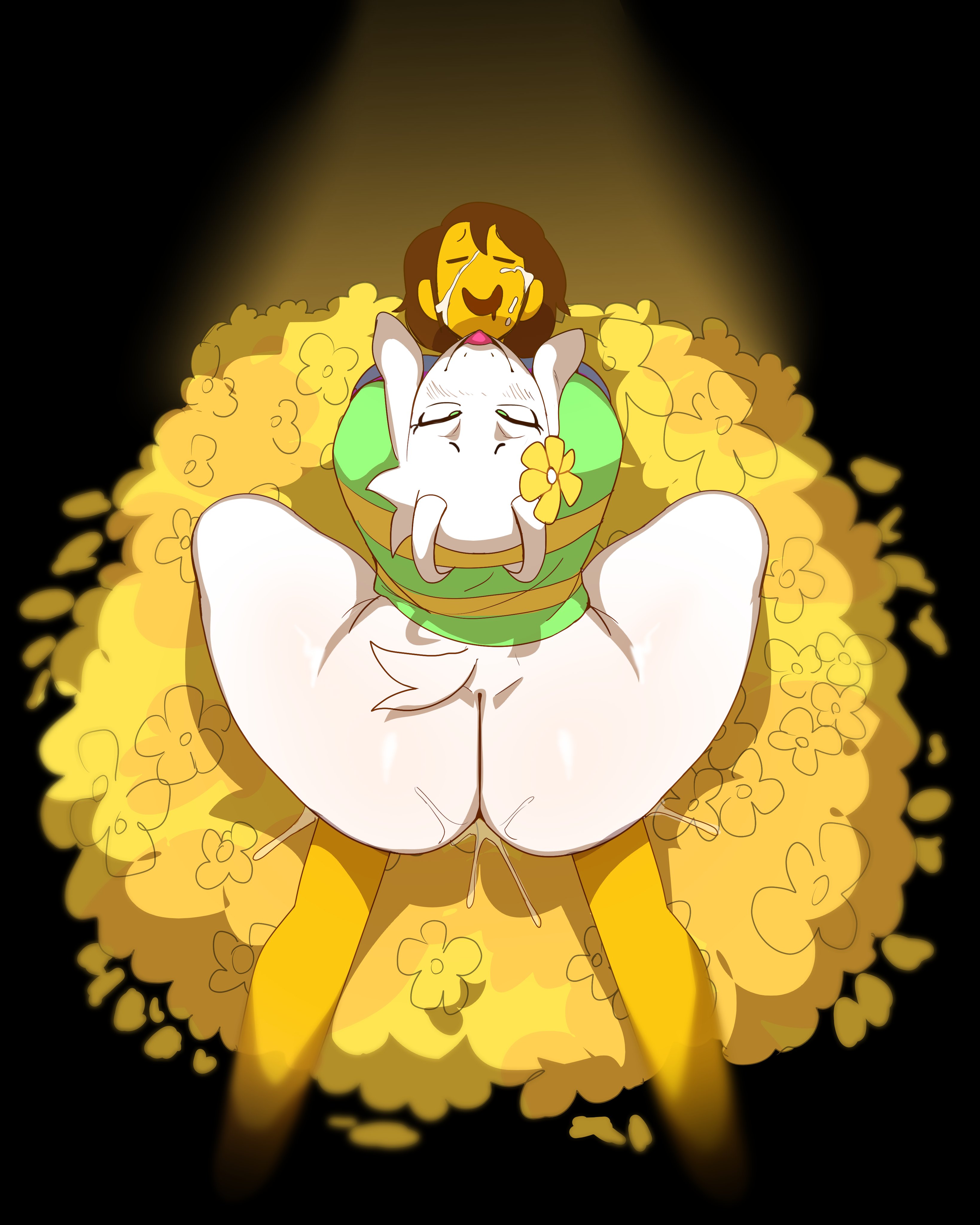 2025, 2d, absurd res, aged up, anthro, anthro penetrated, asriel dreemurr, ass, big ass, big butt, bodily fluids, bottom heavy, bottomless, bottomless male, bovid, caprine, clothed, clothing, cum, cum in ass, cum inside, cum on face, curved horn, duo, femboy, femboy asriel, floppy ears, flower, flower bed, frisk, frisk (undertale), fur, gay, genital fluids, goat, green clothing, green sweater, green topwear, happy sex, hi res, horn, human, human on anthro, human penetrating, human penetrating anthro, interspecies, long ears, looking pleasured, lost in the sauce, loving it, male, male anthro, male on human, male/male, mammal, paulpla, penetration, plant, sex, short tail, sweater, tail, topwear, undertale, undertale (series), white body, white fur, yellow body, yellow skin