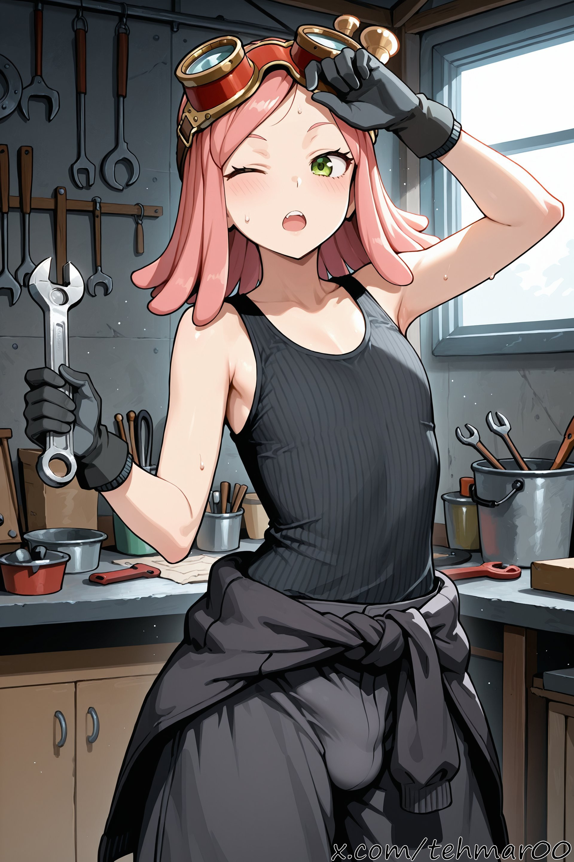 1boy, ai generated, armpits, black gloves, blush, boku no hero academia, bucket, clothes around waist, collarbone, cowboy shot, femboy, genderswap (ftm), gloves, goggles, goggles on head, green eyes, holding, indoors, jacket around waist, light-skinned male, male, male only, mei hatsume, my hero academia, one eye closed, open mouth, pants, pink hair, rule 63, screwdriver, solo, sweat, table, tagme, tank top, tehmar, trans woman, transfem, trap, window, workshop, wrench