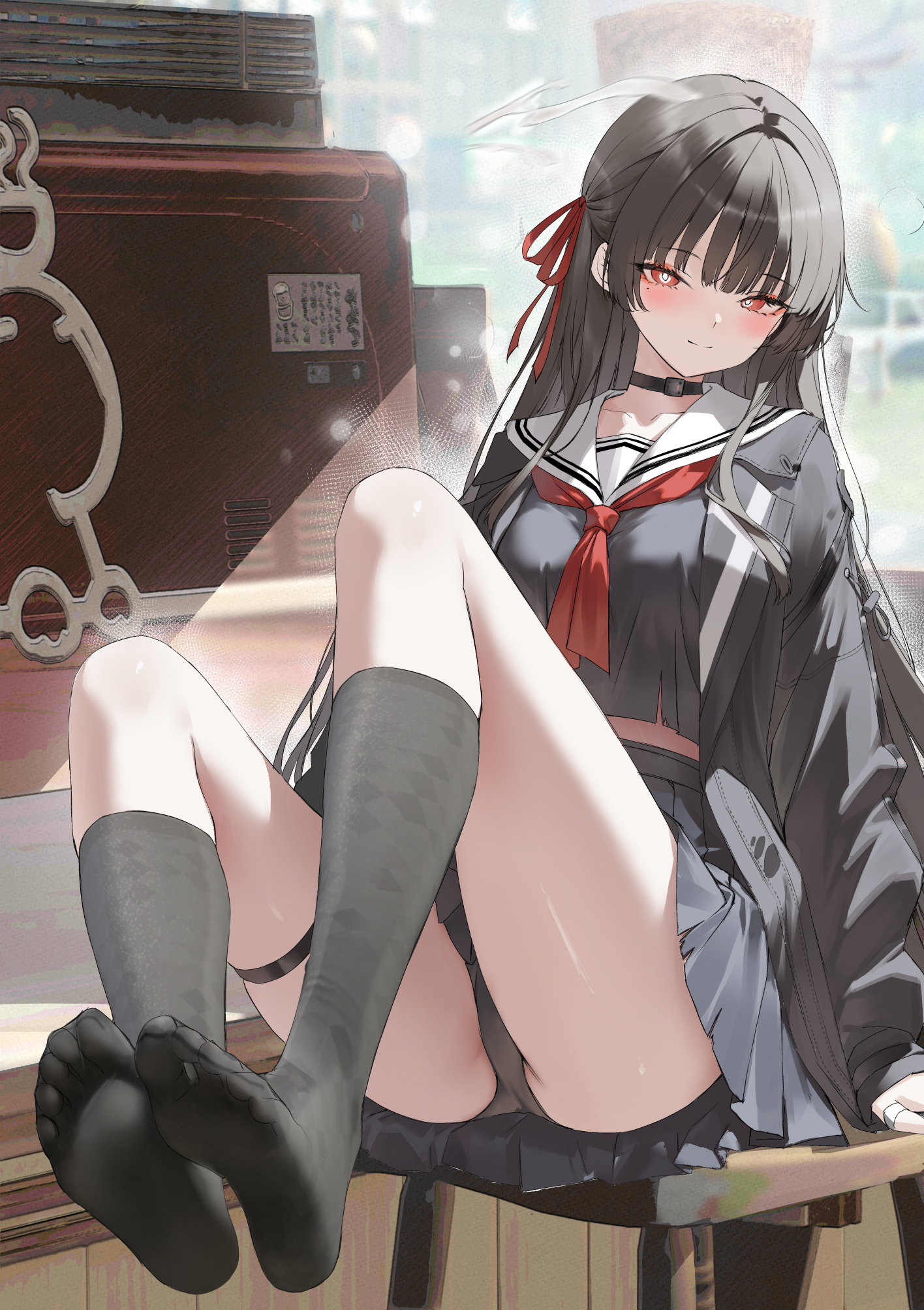 artistic error, black choker, black hair, black jacket, black panties, black shirt, black skirt, black socks, blush, breasts, bright pupils, chinese commentary, chisa (wuthering waves), choker, closed mouth, commentary request, crop top, cum, female, hair ribbon, haku89, highres, jacket, long hair, long sleeves, looking at viewer, medium breasts, mole, mole under eye, naughty face, neckerchief, paid reward available, panties, red eyes, red neckerchief, red ribbon, ribbon, sailor collar, shirt, sitting, skirt, smile, socks, solo, thigh strap, thighs, toes, underwear, white pupils, white sailor collar, wuthering waves