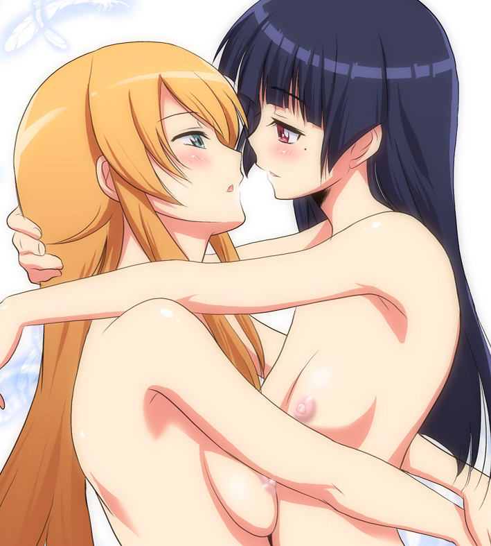 arms_around_waist artist_request bare_shoulders black_hair blonde_hair blue_eyes blush breast_press breasts eye_contact eyelashes feathers female female_only gokou_ruri hair hand_on_head hands hime_cut hug human imminent_kiss kirino_kosaka long_hair looking_at_another marugoshi_teppei mole multiple_females mutual_yuri nipples nude ore_no_imouto_ga_konna_ni_kawaii_wake_ga_nai profile purple_eyes red_eyes revision yuri