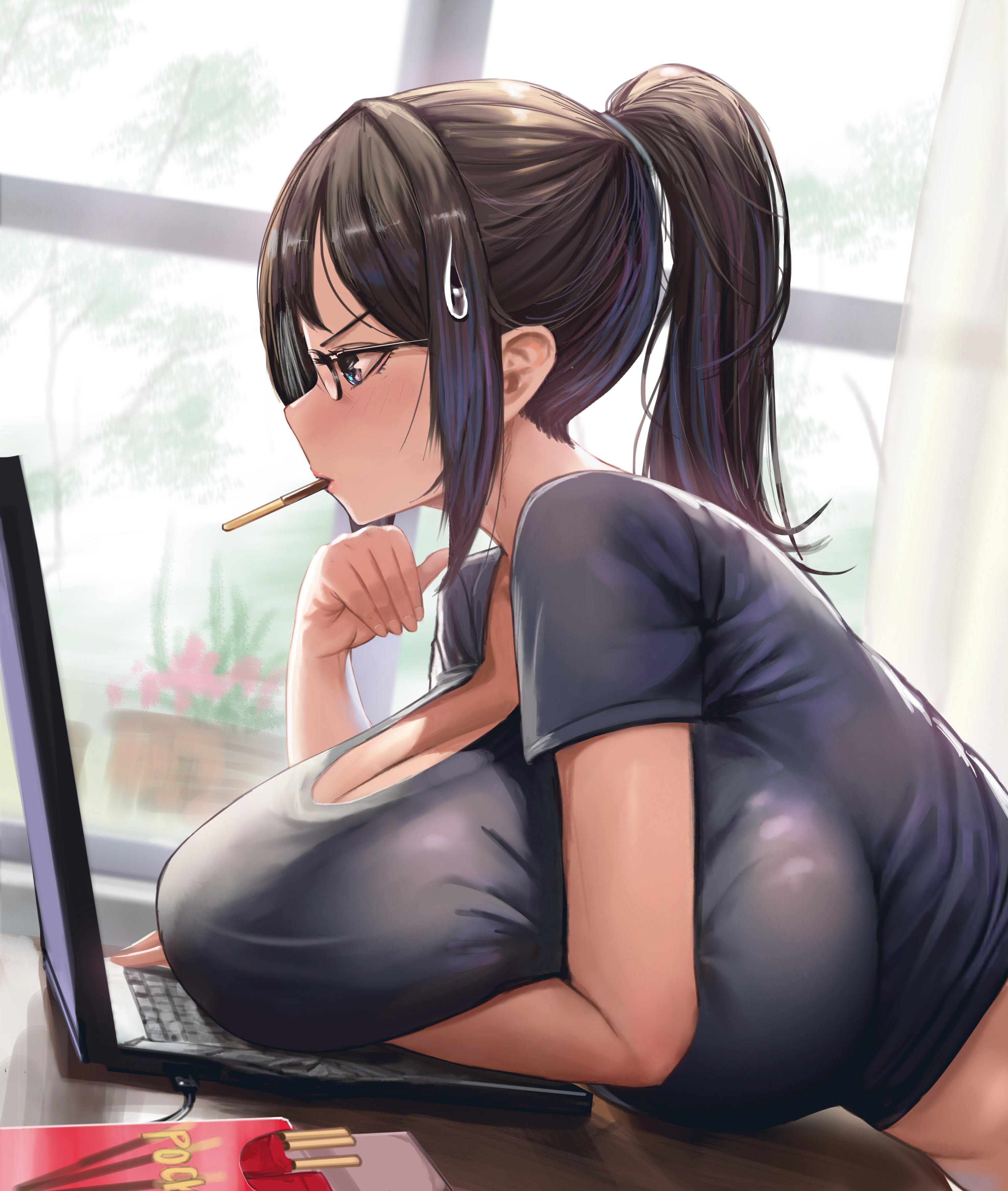 absurdres, arm under breasts, black hair, black shirt, blue eyes, blush, bolt on tits, breast implants, breasts, commentary request, computer, curtains, desk, enhanced breasts, fake breasts, female, food, food in mouth, gigantic breasts, glasses, highres, impossible clothes, impossible shirt, indoors, laptop, masamasa, original, pocky, pocky in mouth, ponytail, shirt, short sleeves, sidelocks, silicone, silicone implants, sitting, solo, sweatdrop, t-shirt, window