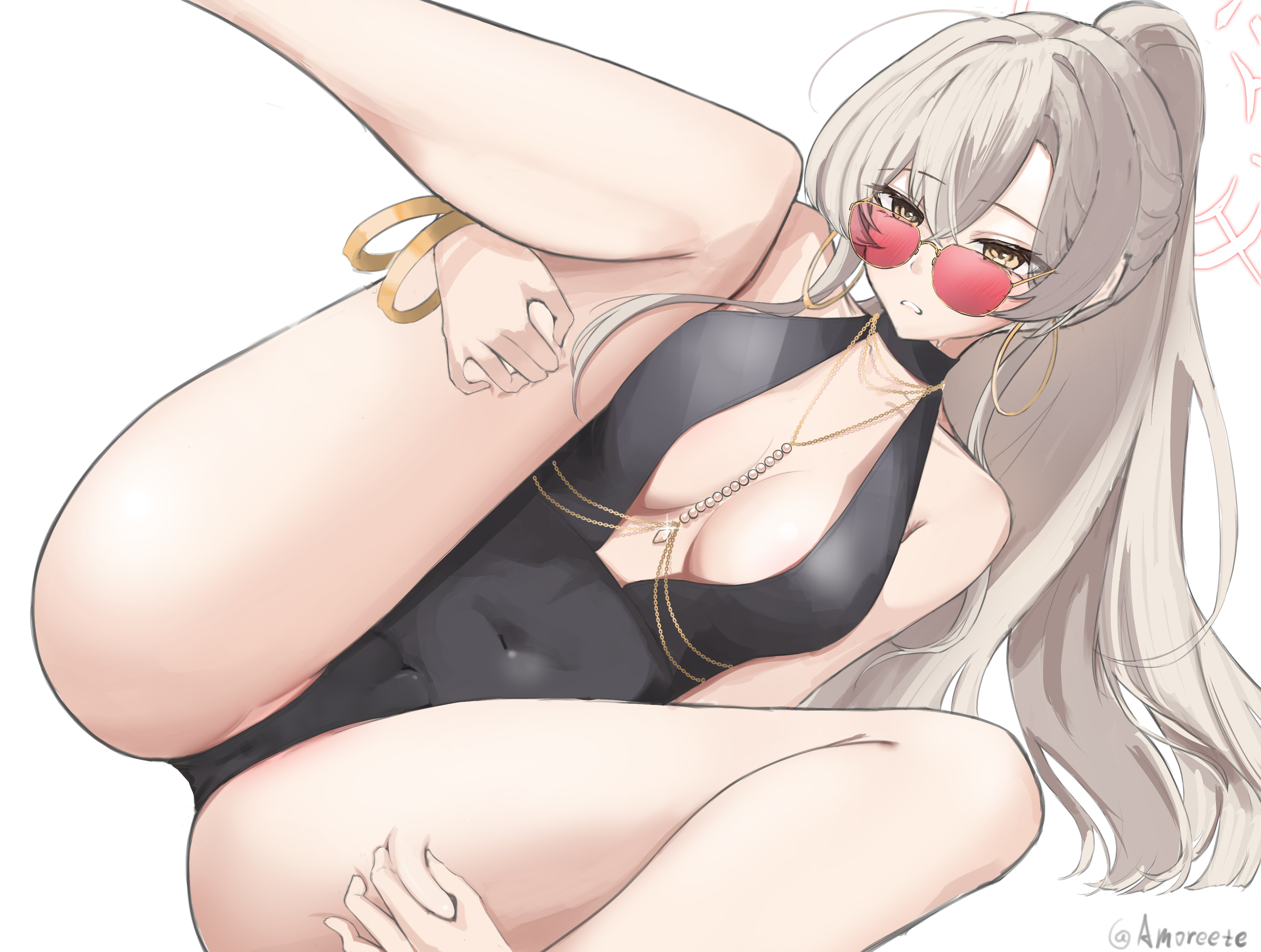 absurdres, aviator sunglasses, black one-piece swimsuit, blue archive, breasts, commentary, covered navel, female, halo, highres, looking over eyewear, looking over sunglasses, mainichi ai wo aishite, nagisa (blue archive), nagisa (swimsuit) (blue archive), official alternate costume, official alternate hairstyle, one-piece swimsuit, simple background, solo, sunglasses, swimsuit, tinted eyewear, white background