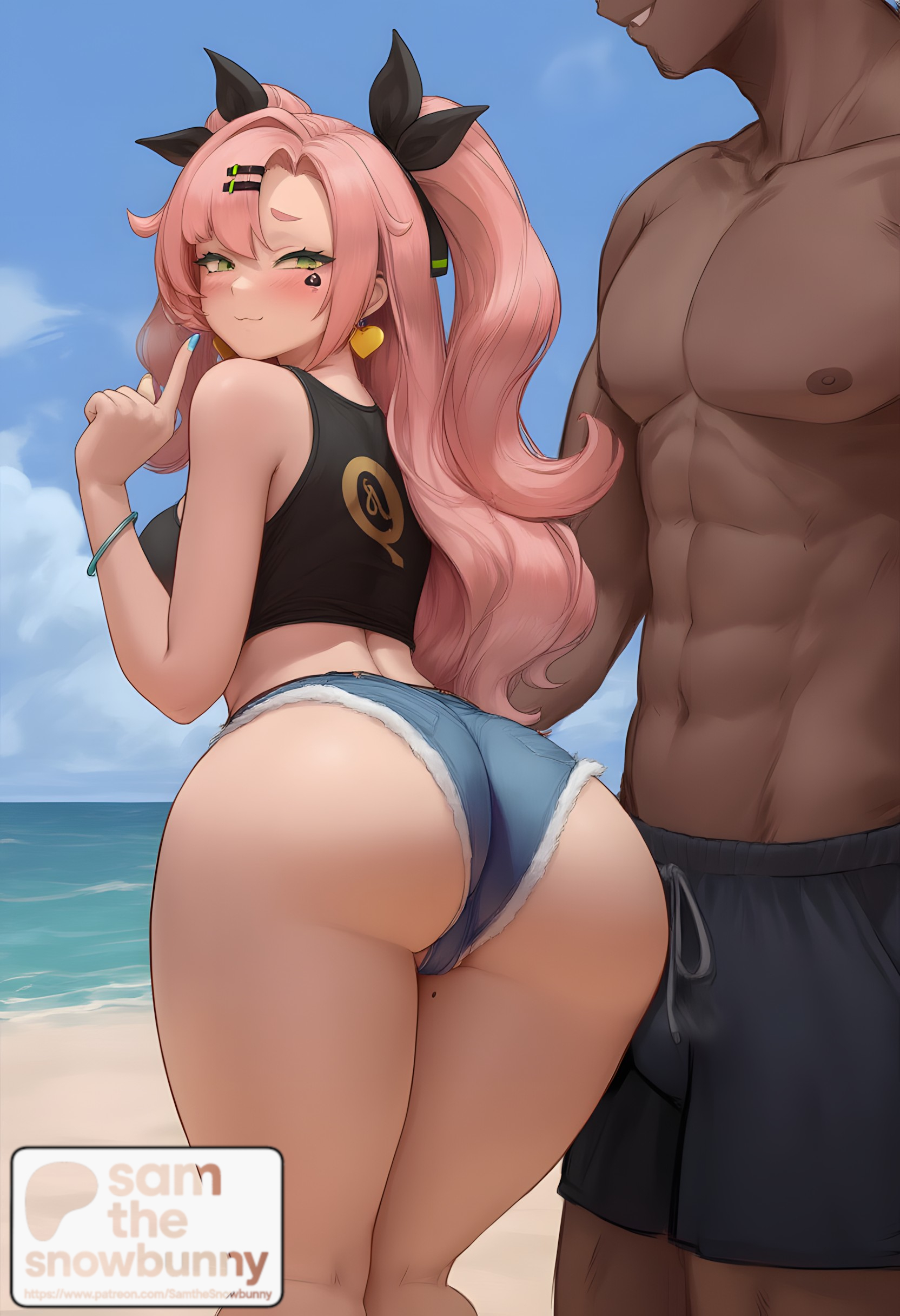 1boy, 1girls, 2d, ai generated, ass, big ass, big breasts, breasts, dark-skinned male, erection, female, female focus, full body, interracial, large penis, nicole demara, patreon username, penis, qos, qos tattoo, queen of spades, sam the snowbunny, smile, straight, sweat, tattoo, thick, thick thighs, uncensored, zenless zone zero