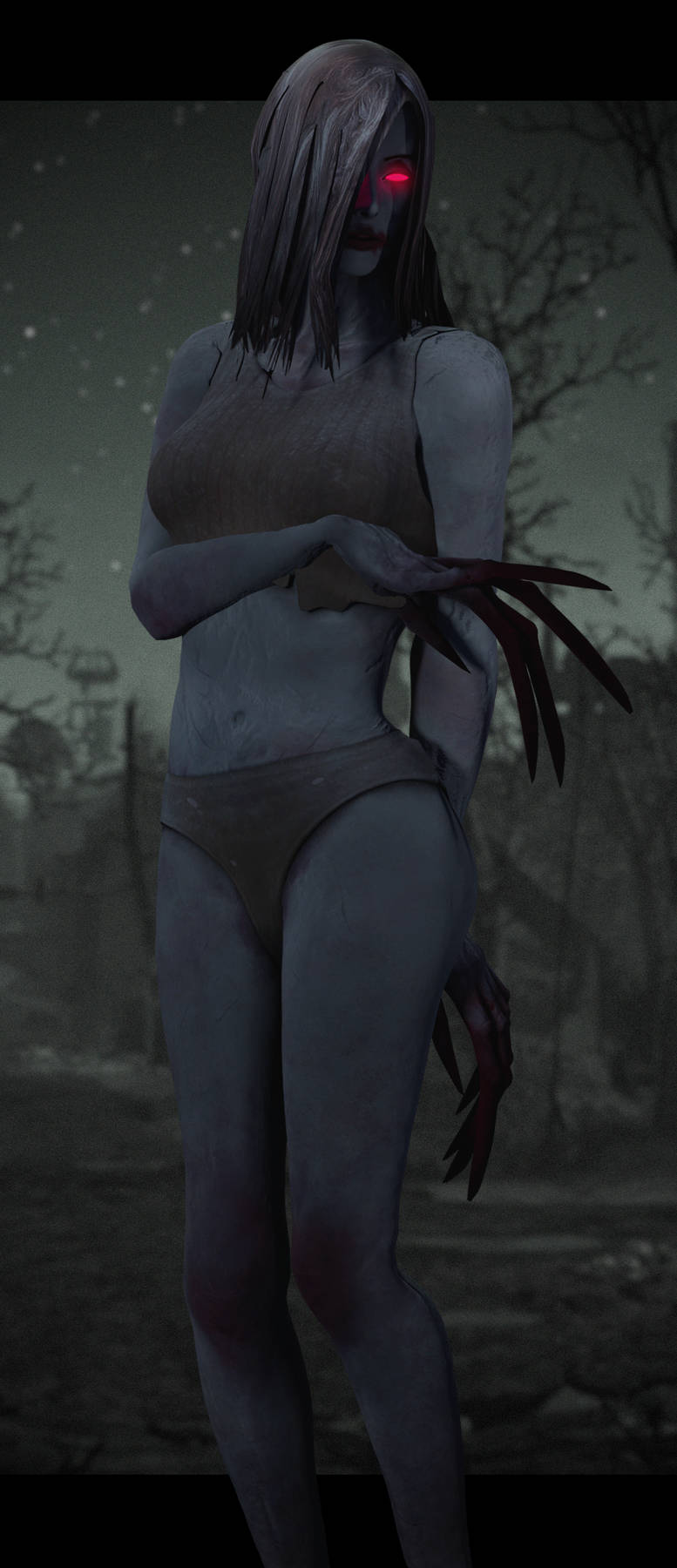 1girls, 3d, blender cycles, female, female only, hair over one eye, left 4 dead, left 4 dead (series), midriff, monster girl, panties, red eyes, solo, underwear, witch (left 4 dead), zombie, zombie girl