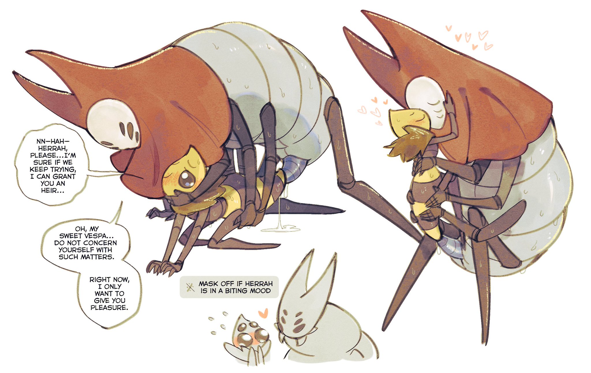abafterdark, bee, begging, blush, bodily fluids, dialog, dialogue, female penetrated, female/female, from behind, from behind position, heart, herrah, holding partner, hollow knight, hollow knight (franchise), hugging, in front, kissing, kissing while penetrated, lesbian sex, no humans, ovipositor, queen vespa, queen vespa (hollow knight), size difference, spider, talking to partner, team cherry, wasp, wholesome, wholesome sex, yuri