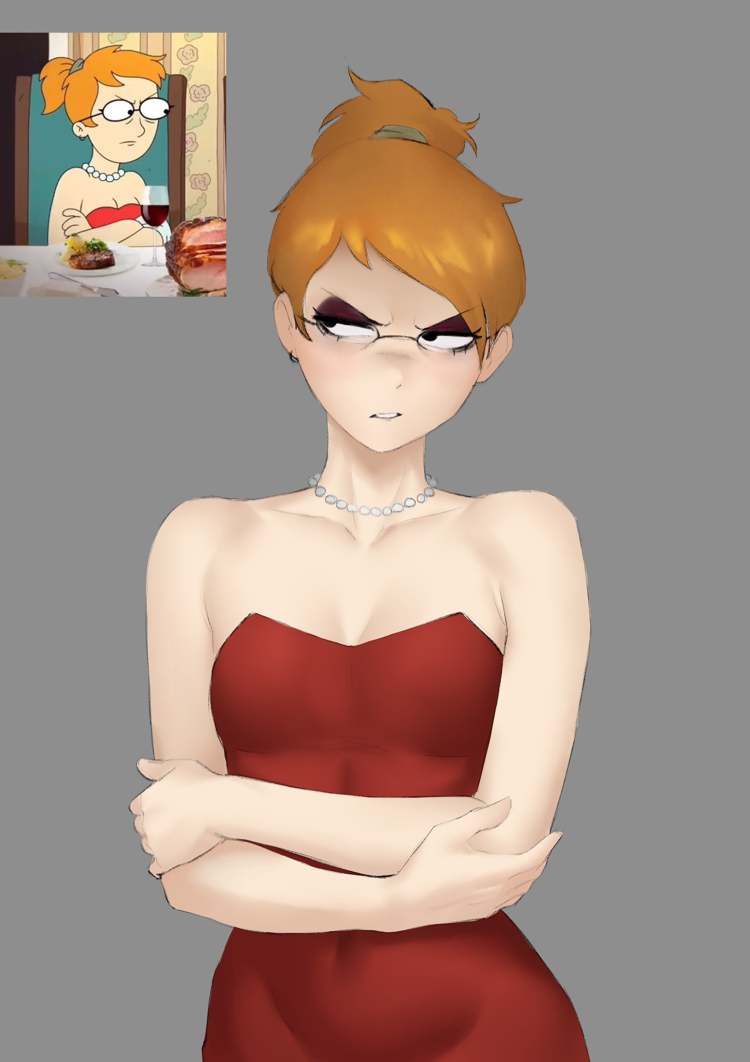 angry face, arms crossed, average breasts, cleavage, earrings, glasses, looking left, meruzis, necklace, ponytail, red dress, red hair, reference image, smiling friends, zoey (smiling friends)
