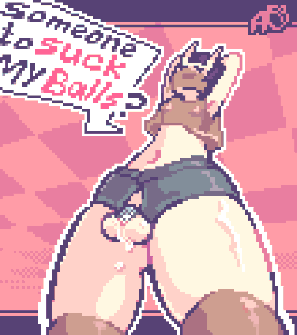 1boy, 1femboy, angry peach (character), angrypeach0, balls, chastity cage, clothing, crossdressing, demon, demon boy, demon girl, demon horns, denim, dialogue, femboy, flat chastity cage, gay, pixel art, short hair, shorts, sissy, small penis, solo, stockings, sucking balls, topwear, trap, unzipped