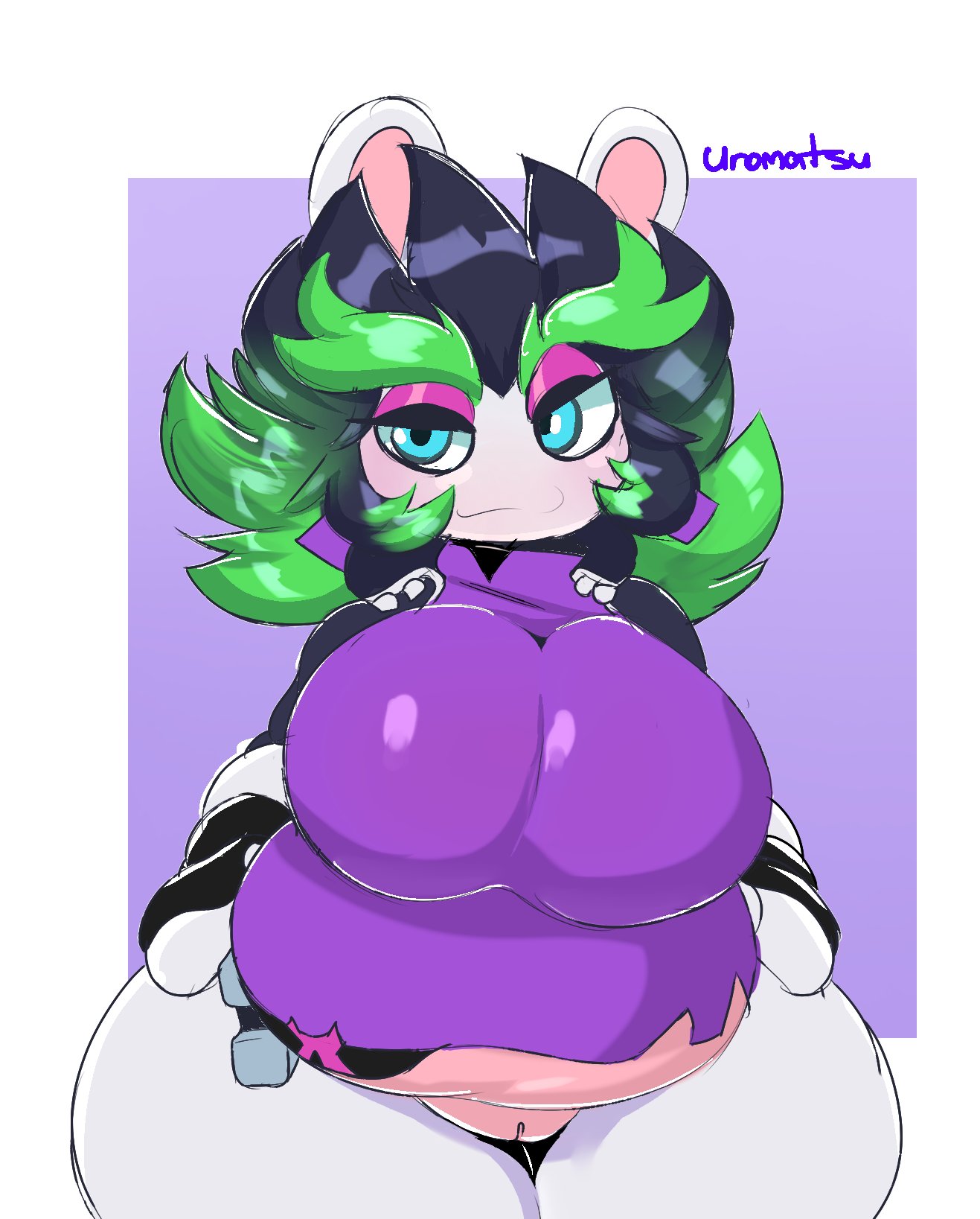 1girls, anthro, belly, belly overhang, big belly, big breasts, bottomless, bottomless female, breasts, clothed, clothing, edge (mario + rabbids), edge (mario plus rabbids), eyebrows, eyeliner, eyeshadow, female, female only, fingerless gloves, genitals, gloves, green hair, hair, handwear, hi res, jacket, lagomorph, makeup, mammal, mario (series), mario + rabbids, mario + rabbids: sparks of hope, mario plus rabbids sparks of hope, nintendo, overweight, overweight anthro, overweight female, rabbid, raving rabbids, rayman (series), shirt, smile, solo, thick eyebrows, topwear, ubisoft, uromatsu, vulva, wide hips