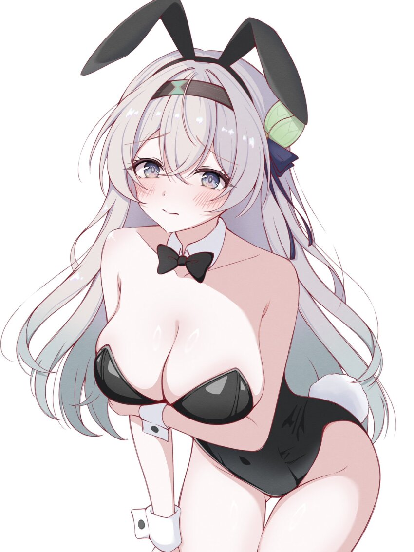 1girls, blush, breasts, bunnysuit, cleavage, embarrassed, embarrassed female, fake animal ears, fake rabbit ears, fake tail, female focus, female only, firefly (honkai: star rail), gradient hair, hair ornament, headband, honkai (series), honkai: star rail, large breasts, long hair, looking at viewer, playboy bunny, solo, solo female, unknown artist, white background