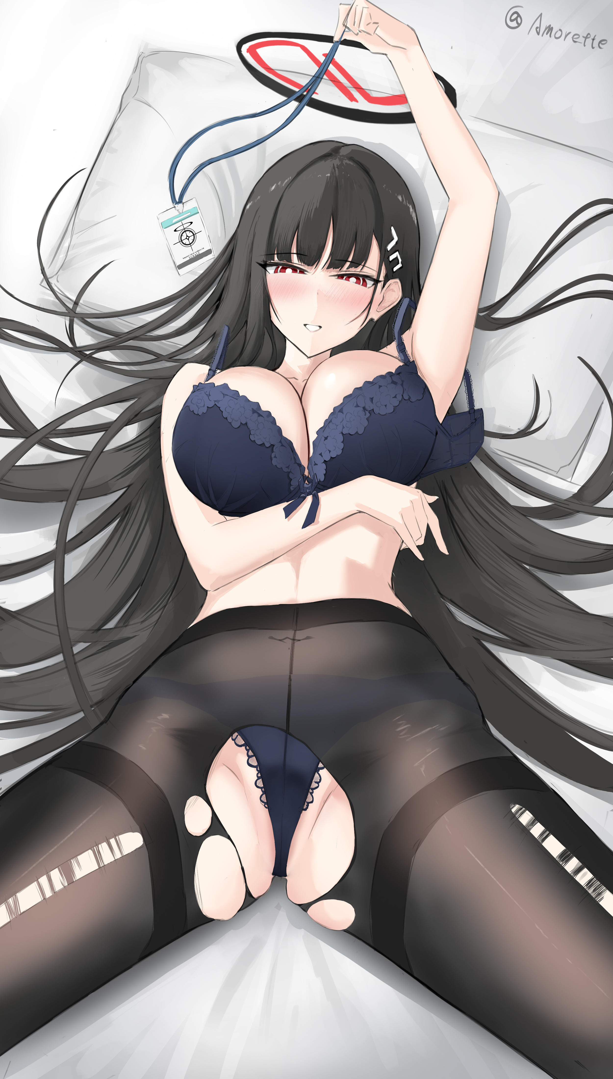 absurdres, arm up, black hair, black pantyhose, blue archive, blue bra, blue panties, bra, breasts, cleavage, female, grin, halo, highres, large breasts, long hair, looking at viewer, lying, mainichi ai wo aishite, on back, panties, panties under pantyhose, pantyhose, pillow, red eyes, ringed eyes, rio (blue archive), smile, solo, spread legs, torn clothes, torn pantyhose, underwear, very long hair