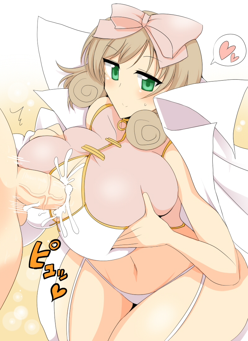 <3 big_breasts blush bow breasts cleavage cum female green_eyes haruka_(senran_kagura) heart huge_breasts human male paizuri penis senran_kagura smile straight thong uncensored wedge