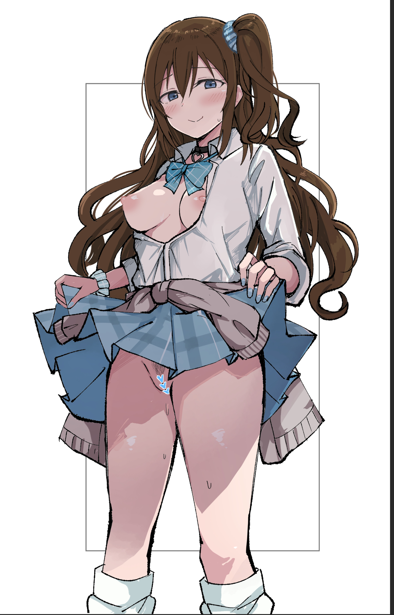 black choker, blue bow, blue bowtie, blue eyes, blue nails, blue scrunchie, blue skirt, blush, bow, bowtie, breasts, brown hair, censored, choker, clothes around waist, clothes lift, commentary request, feet out of frame, female, female pubic hair, gyarugasaki, hair ornament, hair scrunchie, heart, heart censor, heart choker, highres, lifting own clothes, long hair, long sleeves, looking at viewer, love live!, love live! nijigasaki high school idol club, medium breasts, nail polish, nipples, no panties, official alternate costume, one side up, open clothes, open shirt, osaka shizuku, plaid clothes, plaid skirt, pleated skirt, pubic hair, pussy, raised eyebrows, scrunchie, shirt, skirt, skirt lift, smile, socks, solo, standing, sweat, sweatdrop, sweater, sweater around waist, wewe, white background, white shirt, white socks, wrist scrunchie
