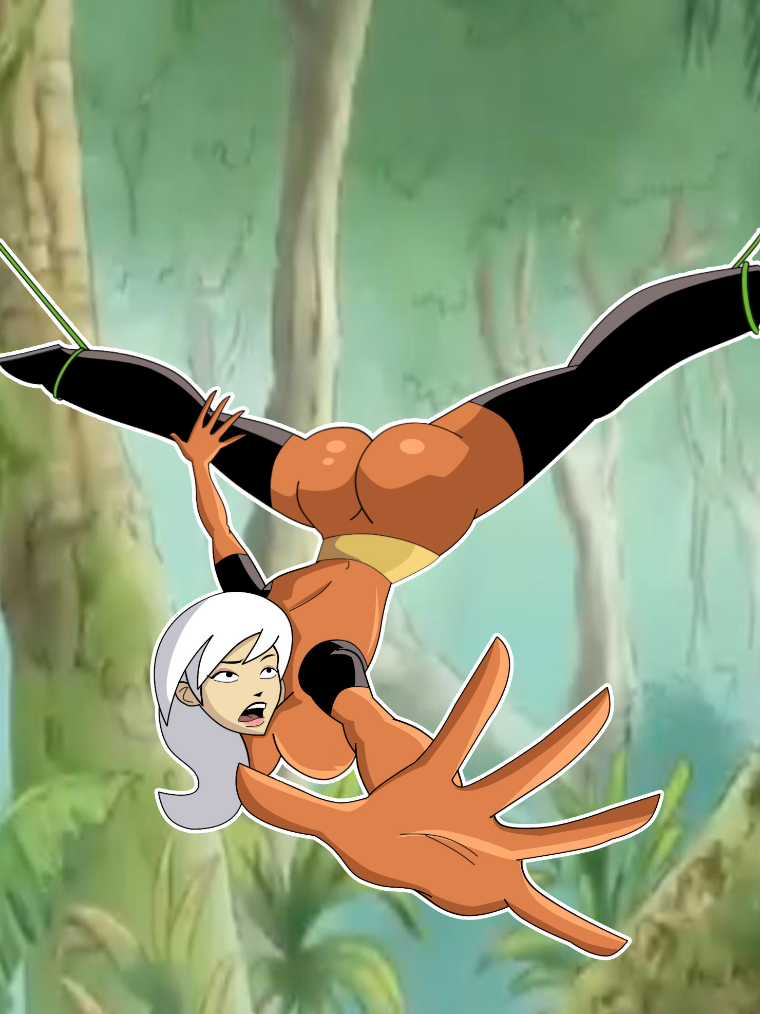 1girls, accidentally stuck, ass, breasts, curvy, drew saturday, female, female only, femsub, grimphantom, large ass, large breasts, milf, splits, stuck in tree, the secret saturdays, upside-down, upside-down splits, white hair