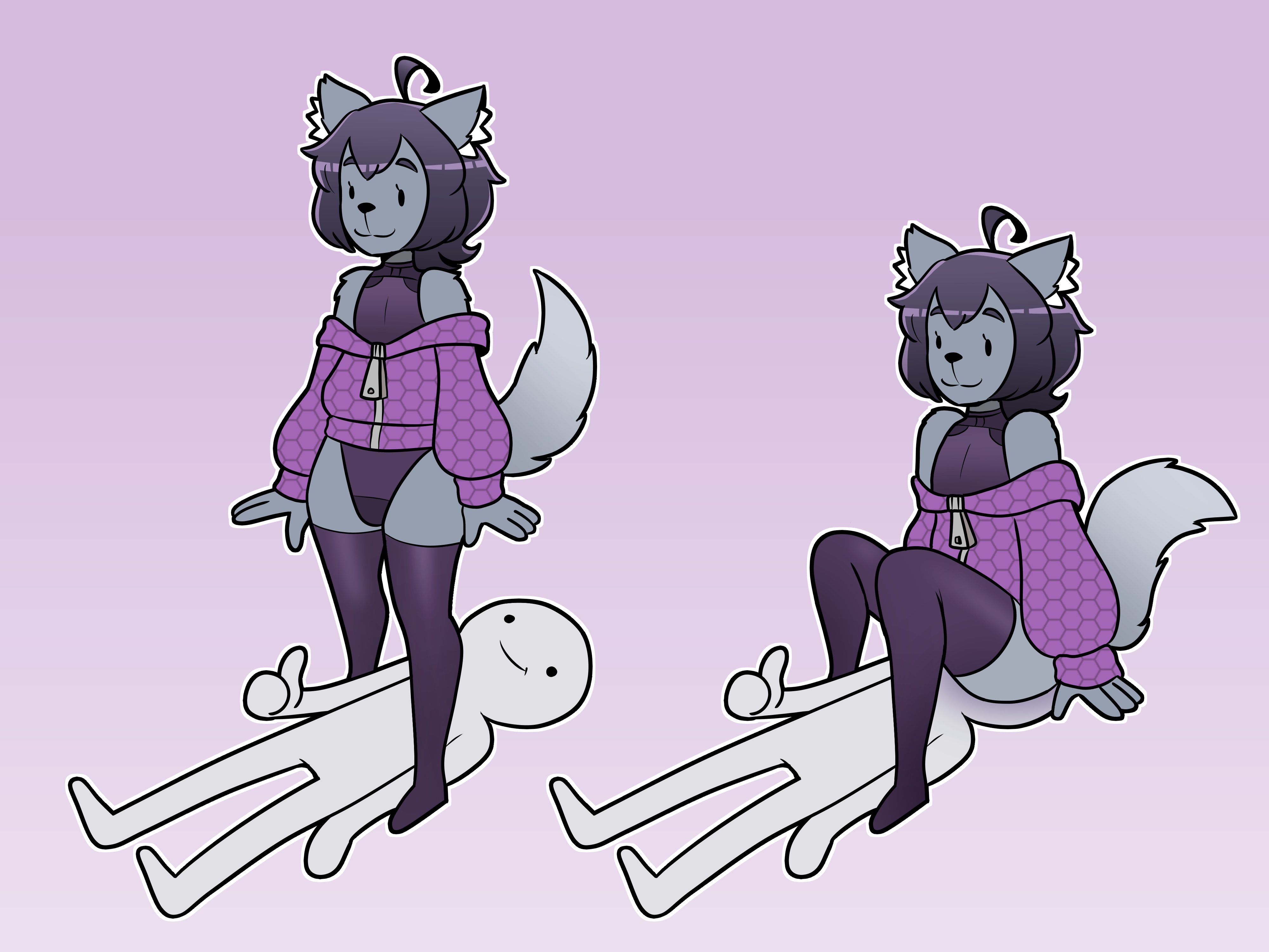 black hair, chibi, facesitting, femboy, funny, furry, leotard under clothes, male, meme, noonnoon, tail, thumbs up