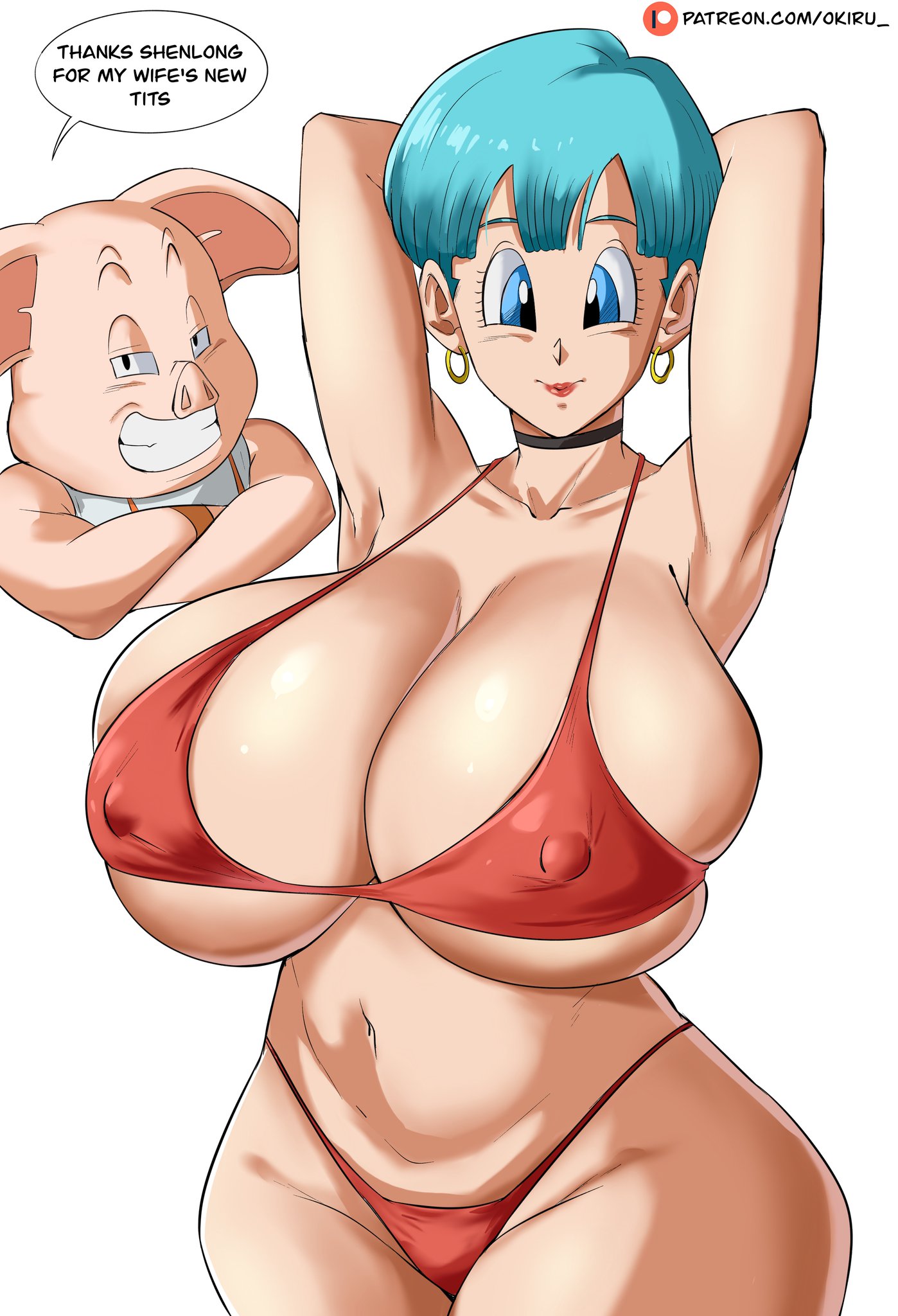 1animal, 1girls, big ass, big breasts, bikini, breasts, bulma briefs, dragon ball, english text, female, female focus, husband and wife, interspecies, interspecies relationship, large breasts, light skin, light-skinned female, looking at viewer, mature female, milf, oolong, panarandom, pig, posing, swimsuit, text, thick thighs, thighs, white background, wide hips