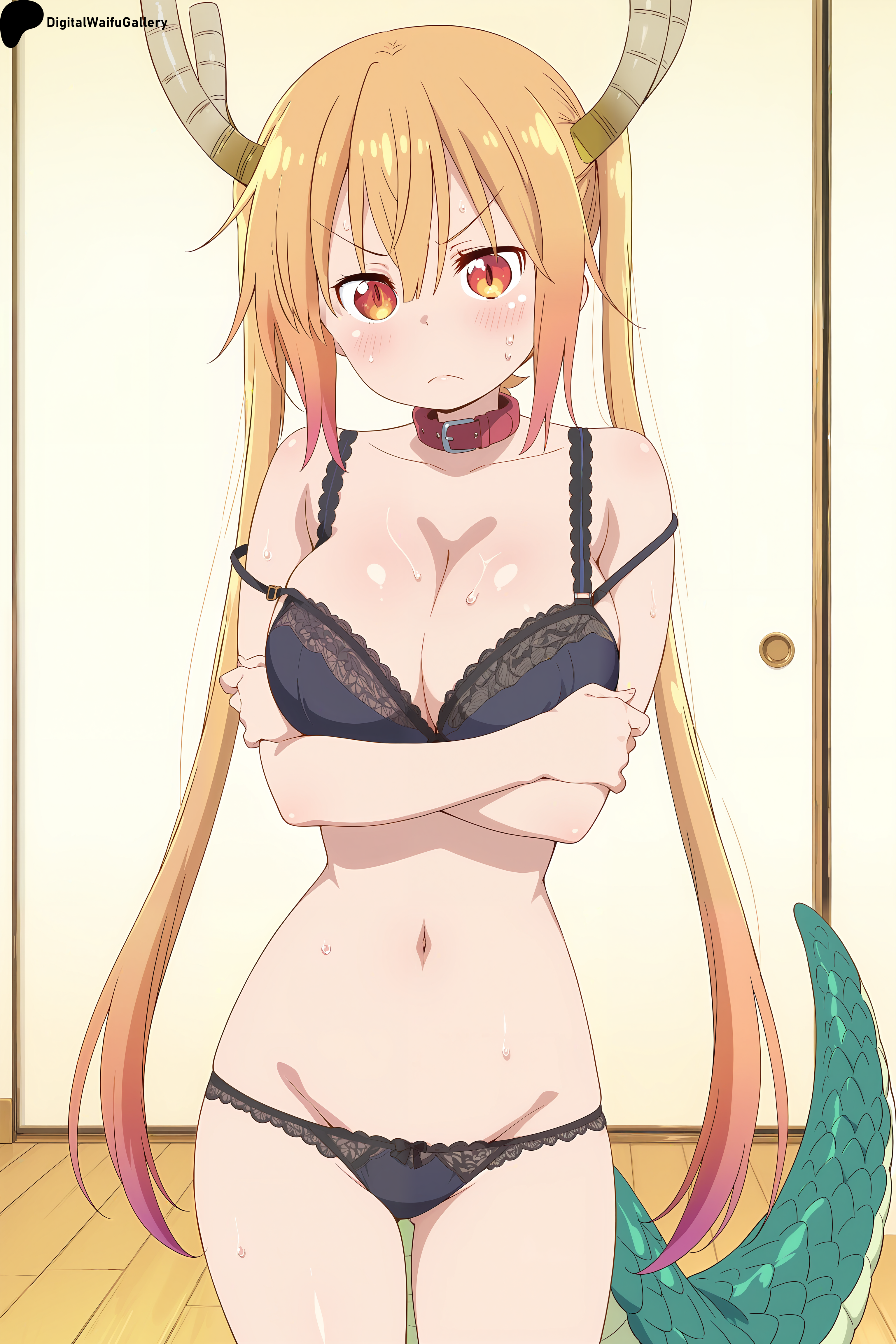 ai generated, black bra, black panties, blonde hair, blush, bow panties, bra, bra strap slip, breast hold, breasts, cleavage, collar, collarbone, cowboy shot, crossed arms, digitalwaifugallery, dragon girl, dragon horns, dragon tail, eyebrows visible through hair, female, female only, gradient hair, groin, hi res, high quality, high resolution, horns, kobayashi-san chi no maidragon, lace, large breasts, long hair, looking at viewer, miss kobayashi's dragon maid, navel, orange eyes, orange hair, panties, patreon, red eyes, seductive, sexy, sidelocks, slit pupils, solo, standing, strap slip, striped, sweat, tail, tohru (dragon maid), tooru (maidragon), twintails, uncensored, underwear, underwear only, very long hair, watermark