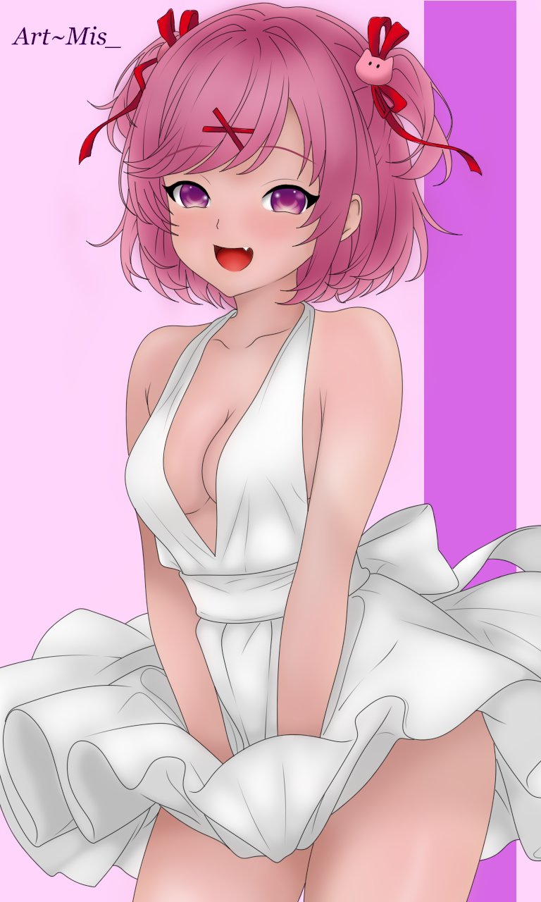 1girls, breasts, cat hair ornament, doki doki literature club, dress, female, female only, mis18art, natsuki (doki doki literature club), pink eyes, pink hair, solo, thighs, white dress