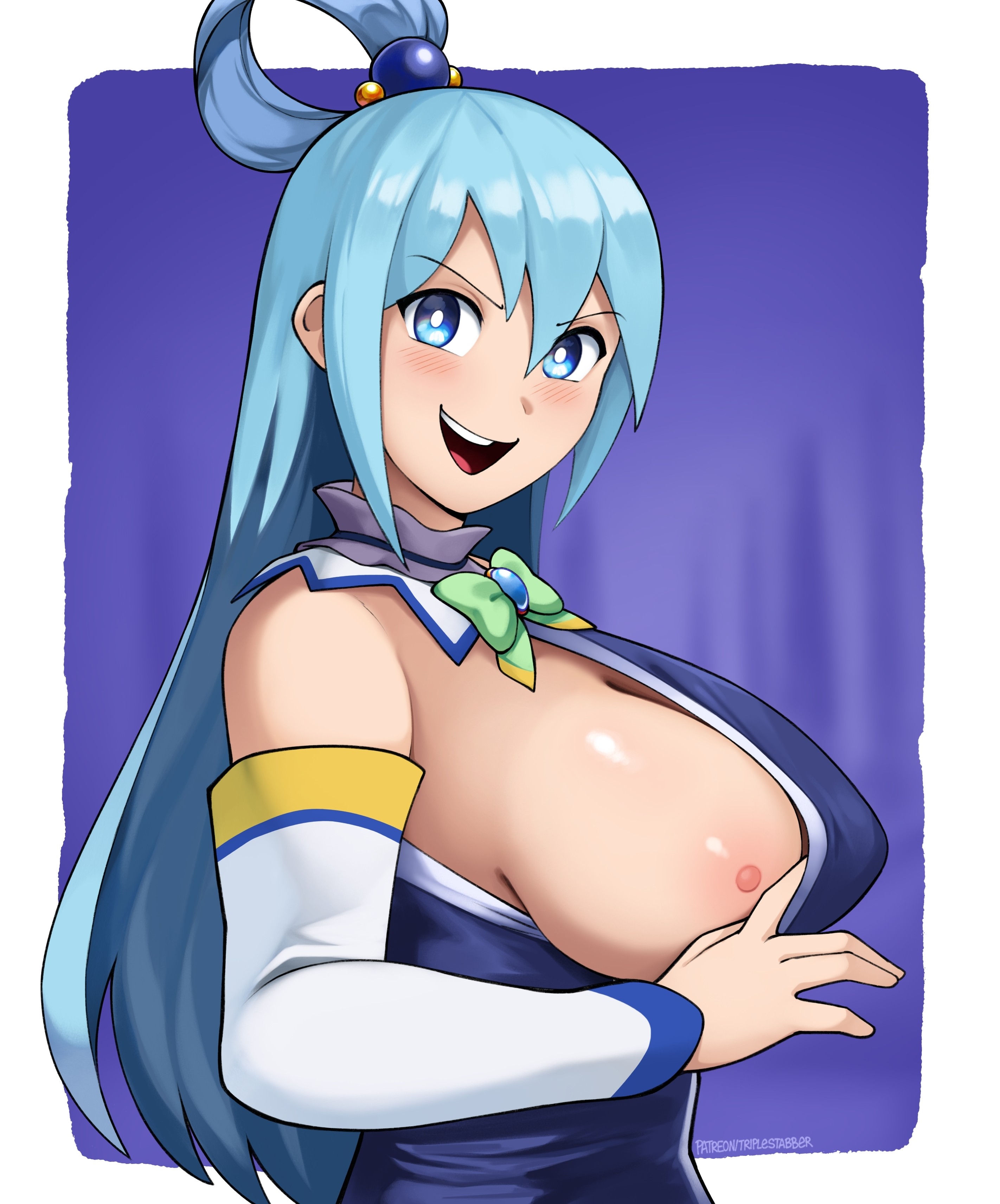 1girls, aqua (konosuba), areolae, big breasts, blue eyes, blue hair, breast focus, breast out, breasts, clothing, detached sleeves, female, female only, flashing, flashing breasts, hair, huge breasts, kono subarashii sekai ni shukufuku wo!, long hair, looking at viewer, nipples, one breast out, sideboob, smile, solo, solo female, triplestabber, upper body, upper body only