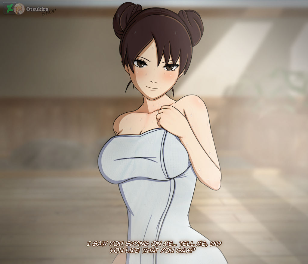 1girls, bathhouse, big breasts, blush, breasts, brown eyes, brown hair, cleavage, commentary, completely nude, covering, covering self, double bun, embarrassed, female, hair buns, holding object, holding towel, hot spring, kneeling, koikatsu, looking at viewer, matching hair/eyes, naruto, naruto (series), naruto shippuden, nude, on knees, onsen, otsukira, solo, solo focus, stable diffusion, talking, talking to another, talking to partner, tenten, towel, towel only, twin buns, voluptuous, watermark