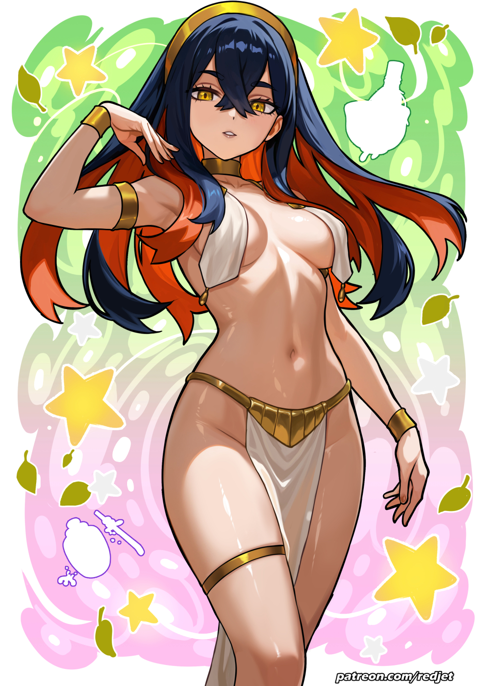 1girls, ancient egyptian, armlet, black hair, bracelet, breast curtains, carmine (pokemon), colored inner hair, commentary request, female, game freak, hair between eyes, hairband, highres, jewelry, leaf, loincloth, long hair, looking at viewer, mixed-language commentary, multicolored hair, navel, nintendo, parted lips, pelvic curtain, pokemon, pokemon sv, red hair, redjet, solo, star (symbol), stomach, thighlet, yellow eyes, yellow hairband