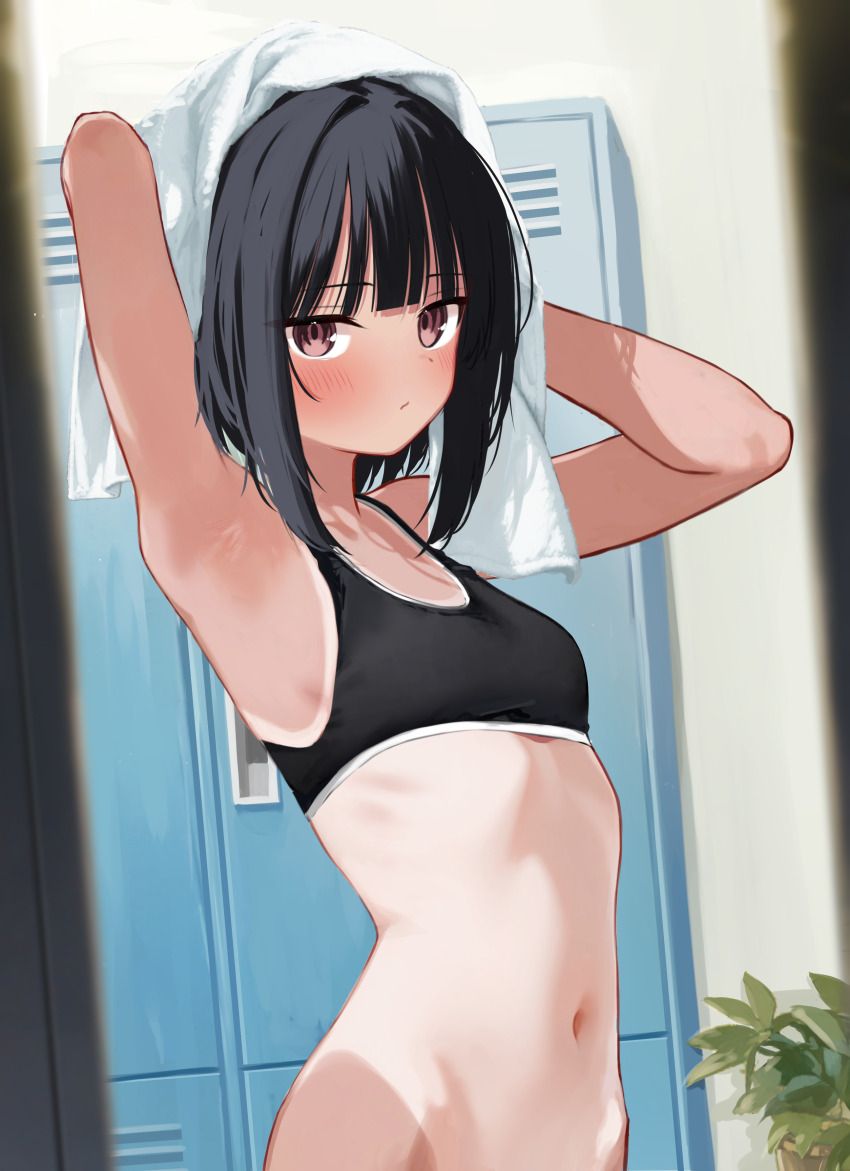 absurdres, armpits, arms up, black hair, black sports bra, blush, bob cut, bob cut girl (memekko), closed mouth, commentary request, drying, drying hair, drying own hair, female, highres, locker, looking at viewer, memekko, navel, one-piece tan, original, paid reward available, red eyes, short hair, solo, sports bra, tan, tanline, towel