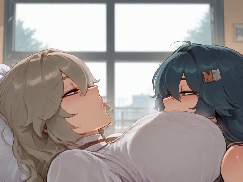 2girls, ai generated, alexandrina sebastiane, bed, bedroom, belle (zenless zone zero), big breasts, breasts, female, female on top, huge breasts, long hair, long hair female, lying, skirt, zenless zone zero