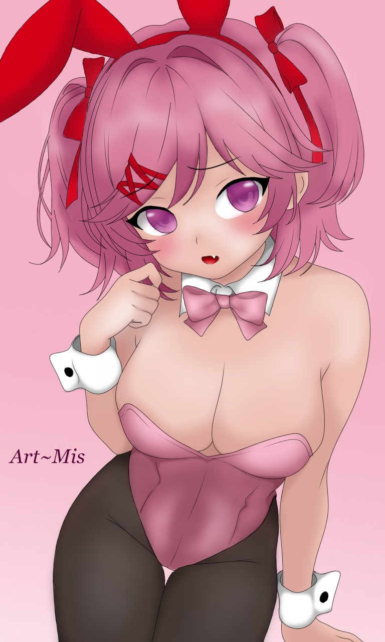 1girls, breasts, bunny ears, bunnysuit, cleavage, doki doki literature club, female, female only, mis18art, natsuki (doki doki literature club), pink eyes, pink hair, solo