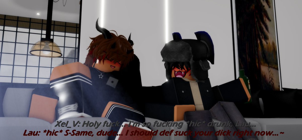 2boys 3d black_horns blush bottle clothing collaboration crimstuff dialogue drunk earrings english_text gay glasses hair_covering_eyes hat horns jacket jeans lau_(lauxdmn) lauxdmn male male/male male_only necklace pants roblox roblox_avatar robloxian shoes short_hair sitting sitting_on_couch sweater tan-skinned_male tan_skin text thighhighs thighs ushanka yaoi