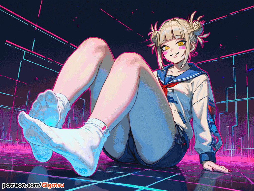 1girls blonde_hair blush boku_no_hero_academia feet female female_only foot_fetish foot_focus gigatsu himiko_toga my_hero_academia seductive seductive_pose sitting smile socks solo solo_female toga_himiko vaporwave