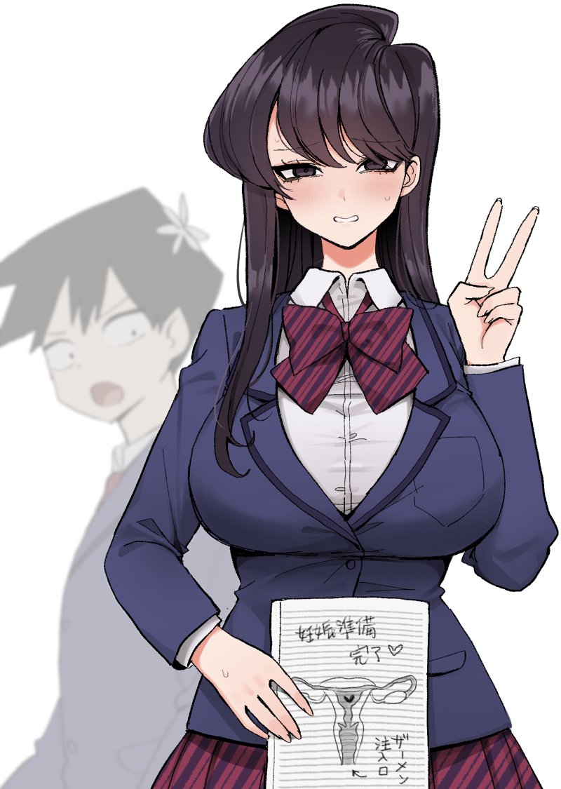 1boy 1girls big_breasts black_hair blazer blue_jacket bow bowtie breast_pocket breasts collared_shirt fallopian_tubes female heart holding holding_notepad implied_cheating implied_cuckolding implied_netorare implied_ntr jacket komi-san_wa_komyushou_desu komi_shouko long_hair nago_purin notepad open_mouth pleated_skirt pocket purple_bow purple_bowtie school_uniform shirt skirt smile striped_bow striped_bowtie striped_clothes striped_skirt sweatdrop tadano_hitohito translation_check translation_request uterus v