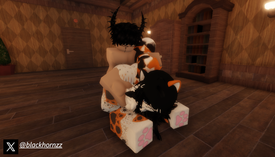 1boy 1girls 3d ambiguous_penetration bent_over beret big_breasts black_hair blackhornzz blue_eyes calico_cat cat_girl doggy_style doors_(roblox) fangs female furry furry_female interspecies one_eye_covered pawpads paws roblox roblox_game robloxian sex tagme tail tail_grab