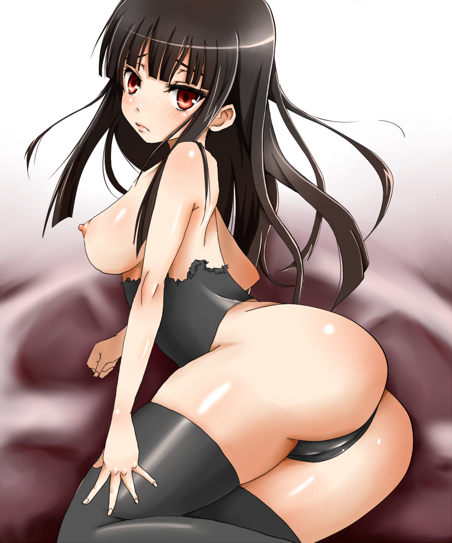 07th_expansion ass black_hair blush breasts female female_only long_hair lucifer_(umineko) nipples pointy_chin red_eyes solo stakes_of_purgatory thighhighs torn_clothes umineko_no_naku_koro_ni