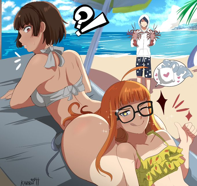 2girls ass ass_focus ass_pillow beach heart heart_symbol karbuitt lobster love makoto_niijima perfect_body persona persona_5 persona_5_royal red_hair sakura_futaba seaside swimsuit