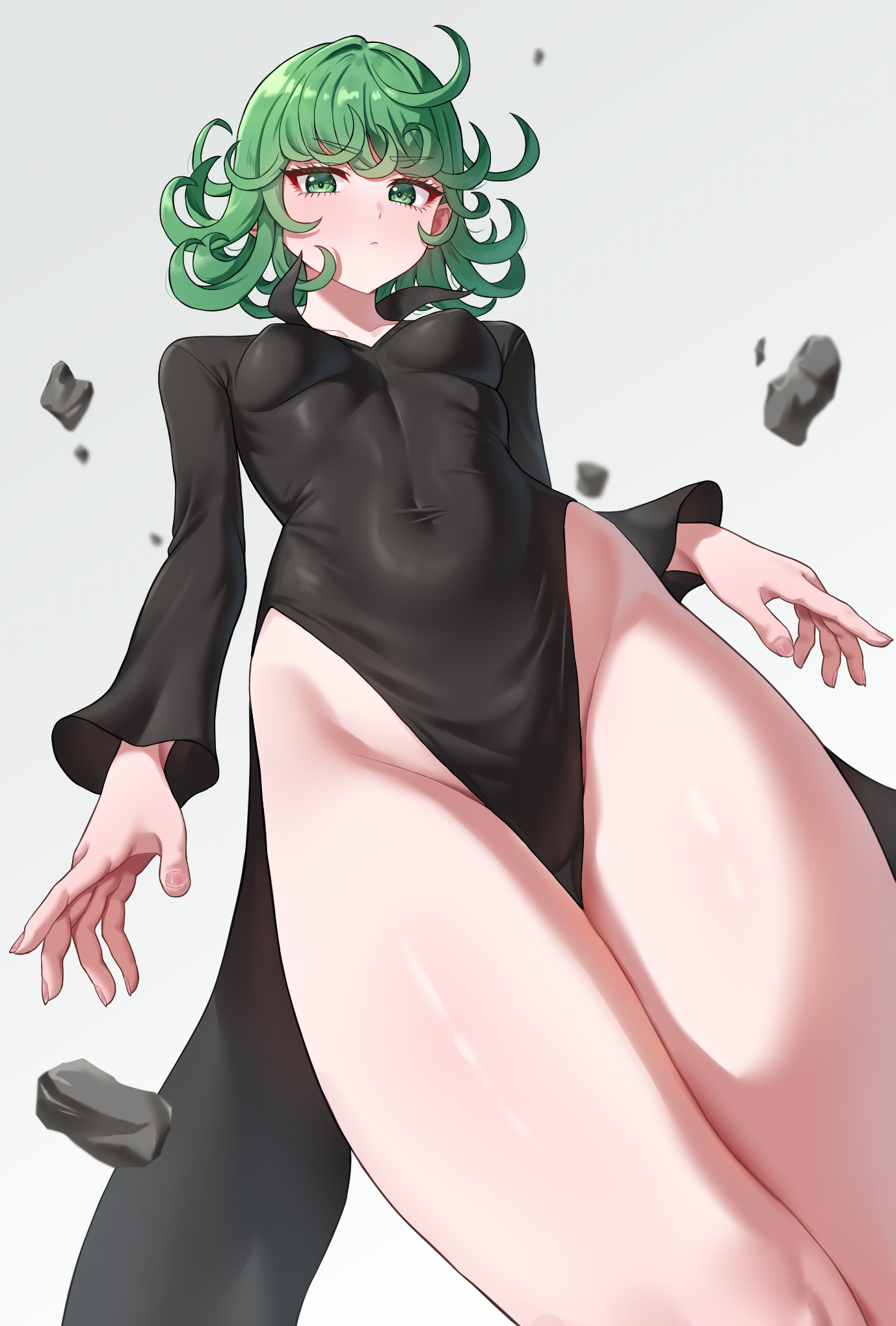 1girls, black dress, breasts, closed mouth, commentary, curly hair, dress, female, female only, floating, floating object, floating rock, from below, green eyes, green hair, highres, kadokadokado, kadokadokado14, long sleeves, looking at viewer, no panties, one-punch man, pelvic curtain, rock, short hair, simple background, small breasts, solo, tatsumaki, thighs