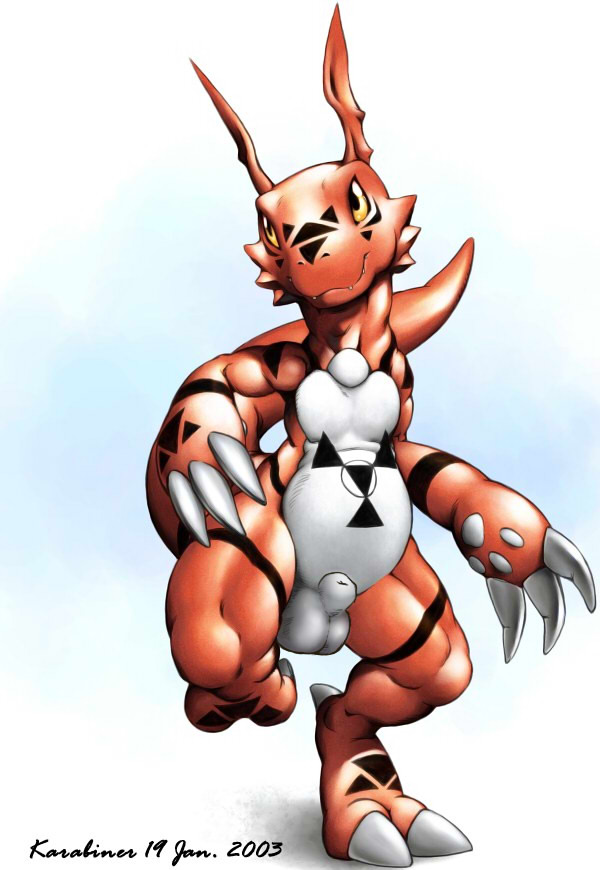 2003 balls claws cute digimon dragon edit guilmon karabiner male male_only penis plain_background reptile scalie solo toe_claws yellow_eyes zekromlover