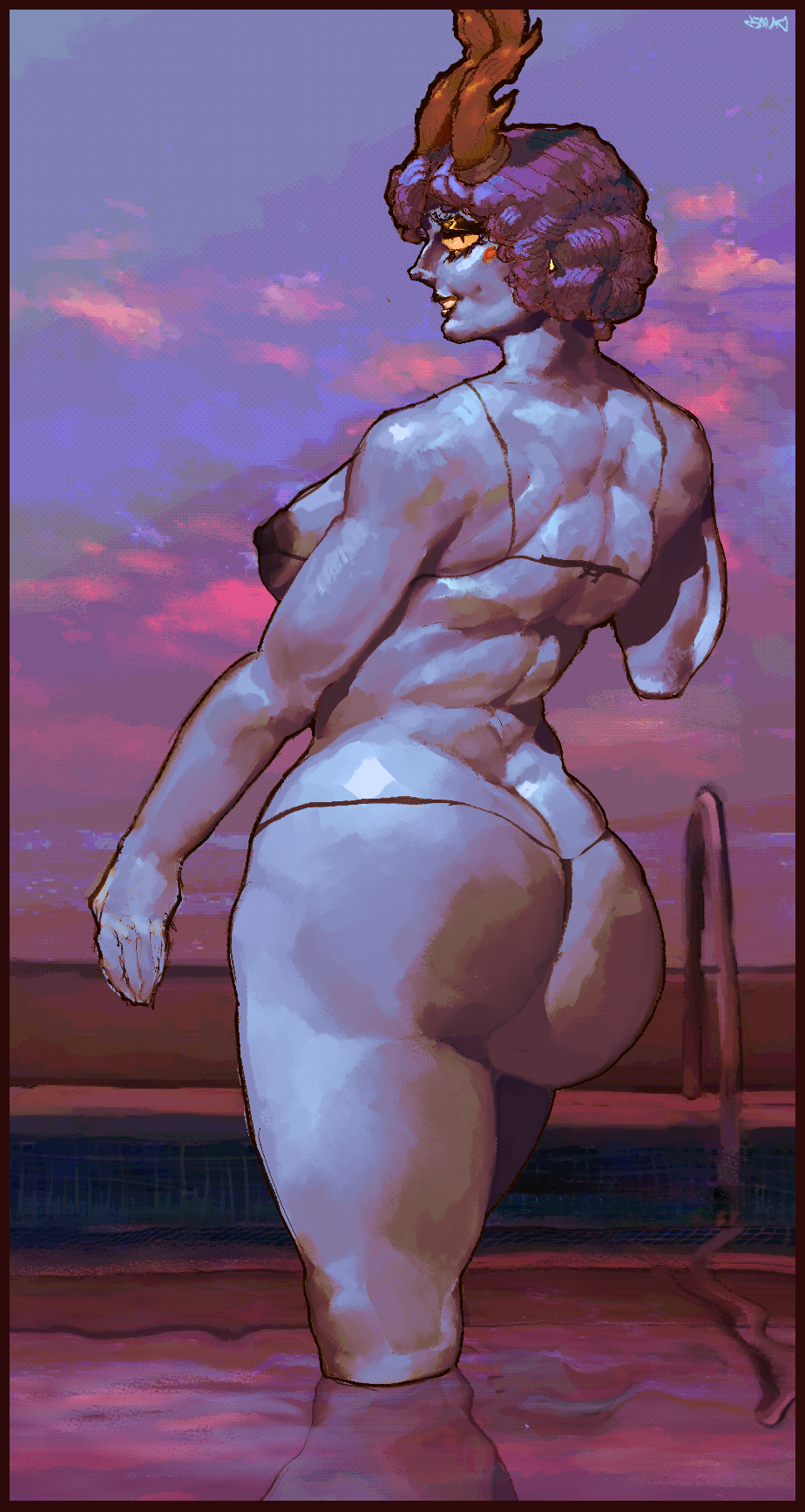 1female 2d ass ass_focus back_view background beach bedroom_eyes big_ass big_breasts bikini black_clothing black_eyes blue_hair blue_skin blush curly_hair cyan_skin dimples female giantess horns oc original original_character pool presenting purple_hair purple_skin smile smiling smiling_at_viewer solo underwear wet wide_hips