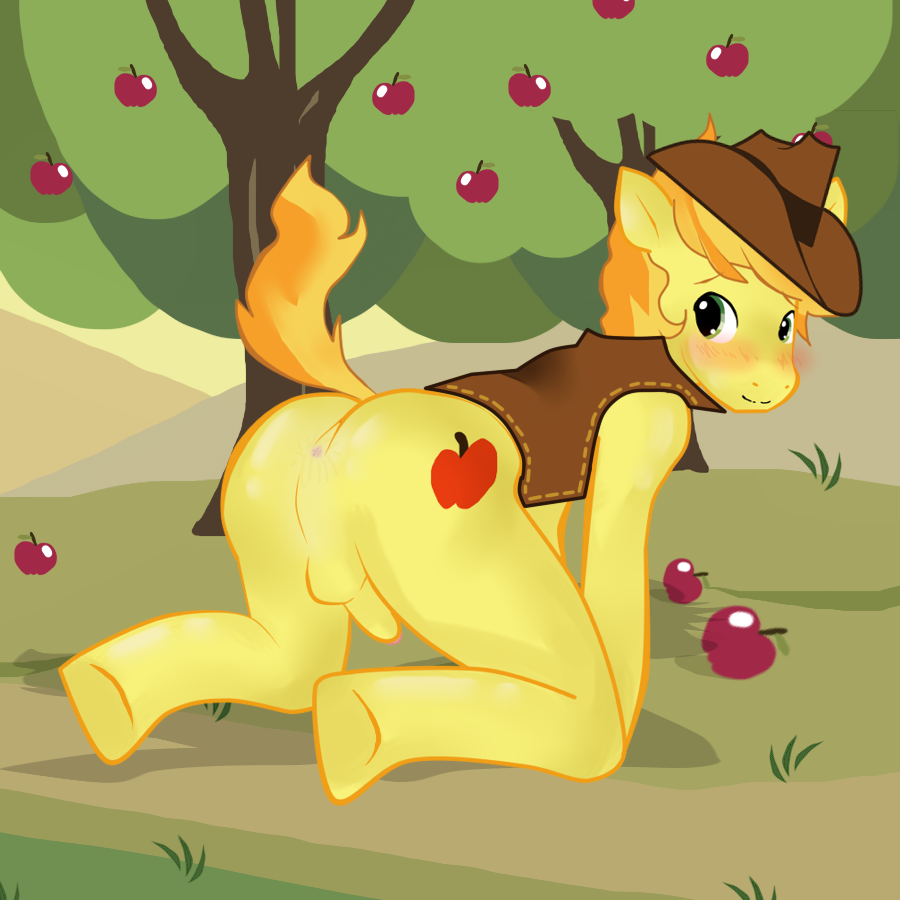 anus apple apple_tree ass blush bottomless braeburn braeburn_(mlp) cowboy_hat cutie_mark earth_pony equine friendship_is_magic fruit fur green_eyes hat horse male male_only mane my_little_pony pony presenting presenting_hindquarters smooth_skin solo tail tree wood