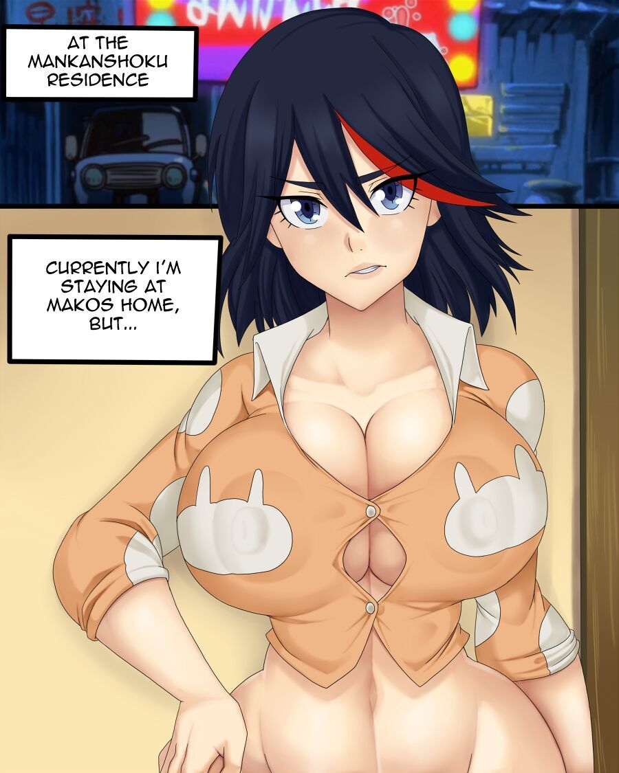1girls blue_eyes breasts cleavage clothed comic dark_hair female female_focus kill_la_kill light-skinned_female looking_at_viewer matoi_ryuuko text ttrop wide_hips