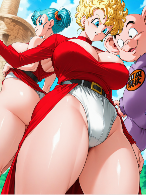 1animal 2girls age_difference ai_generated bulma_(dragon_ball) bulma_briefs dragon_ball mature_female milf mother_and_daughter older_female oolong panchy_(dragon_ball) panties red_dress size_difference thick_thighs zoophilia