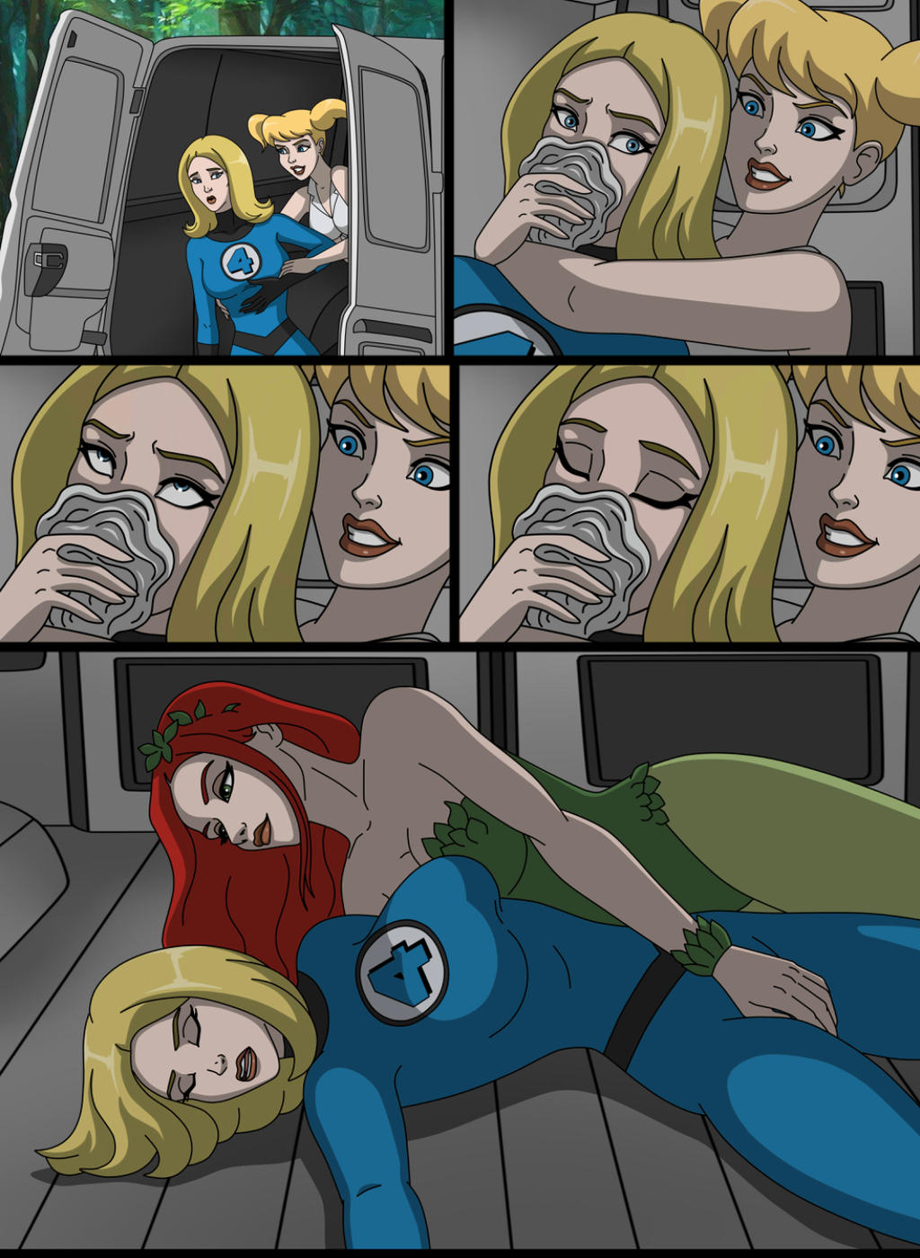 3girls blonde_female chloroform comic dc_comics dubious_consent harleen_quinzel harley_quinn invisible_woman kidnapped kidnapping marvel molestation pamela_isley passed_out poison_ivy pussy_grab red_hair_female serisabibi sleep_molestation sue_storm superheroine unconscious van villainess yuri