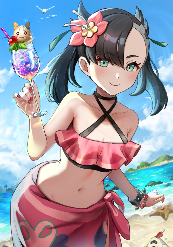 1girls asymmetrical_bangs beach bikini black_choker black_hair blue_sky bracelet breasts cherry choker cleavage cloud creatures_(company) cup day drink female flower food fruit game_freak gen_1_pokemon gen_3_pokemon gen_7_pokemon gen_8_pokemon glint green_eyes hair_flower hair_ornament hibiscus holding holding_cup ice ice_cube jewelry lapras leaning_forward marnie_(pokemon) marnie_(summer_2021)_(pokemon) morpeko morpeko_(full) navel nintendo outdoors pokemon pokemon_(creature) pokemon_masters_ex red_nails sandygast sarong setta_shu sky small_breasts staryu stomach swimsuit twintails undercut wingull