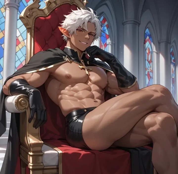 ai_generated brat brat_smirk bratty cuntboy cunty_elf_king dark_elf dark_skin evil fake_dom gay intersex king muscular oc original original_character pussy royal smirk smirking villain white_hair yaoi