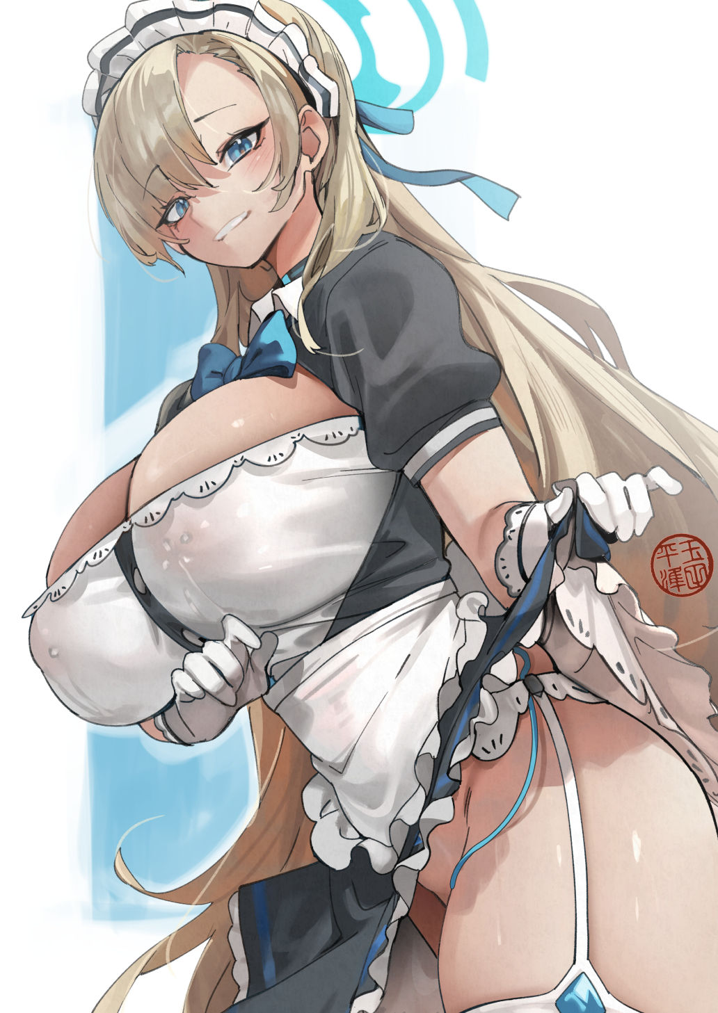 1girls areola ass asuna_(blue_archive) big_ass big_breasts big_thighs blonde_hair blue_archive blue_eyes breasts butt cleavage female female_focus female_only gigantic_ass gigantic_thighs hair_over_one_eye huge_ass huge_breasts huge_thighs large_breasts maid maid_uniform nipples solo tagme tamada_heijun thick_hips thick_thighs thighs