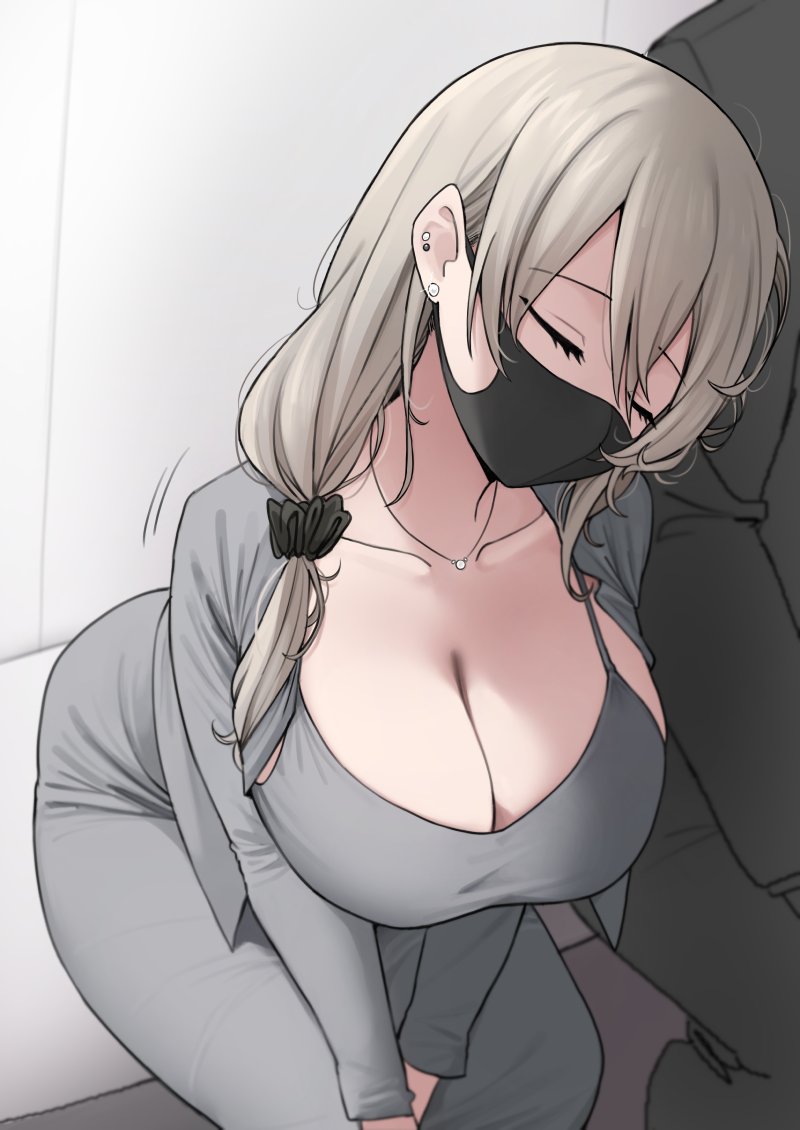 1boy 1girls big_breasts black_mask black_scrunchie breasts cleavage closed_eyes collarbone commentary covered_mouth dongtan_dress dress ear_piercing earrings female grey_dress grey_hair hair_between_eyes hair_ornament hair_over_shoulder hair_scrunchie jewelry large_breasts leaning_to_the_side long_hair long_sleeves mask mature_female meme_attire motion_lines mouth_mask nago_purin necklace piercing scrunchie sitting sleeping solo_focus symbol-only_commentary uzaki-chan_wa_asobitai! uzaki_tsuki