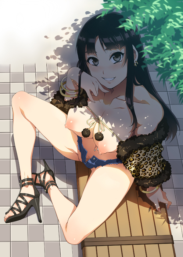 1girls bench black_hair black_high_heels black_pubic_hair bracelet breasts denim denim_shorts earrings female female_only female_pubic_hair from_above grin happy high_heels human human_only jewelry k-on! large_breasts legs leopard_print long_hair looking_at_viewer mio_akiyama_(k-on!) mizuryuu_kei navel_piercing nipples no_bra open_clothes open_fly open_shoes outdoors piercing prostitution pubic_hair puffy_nipples shade shoes short_shorts shorts sitting smile solo teenager teeth thighs topless unzipped