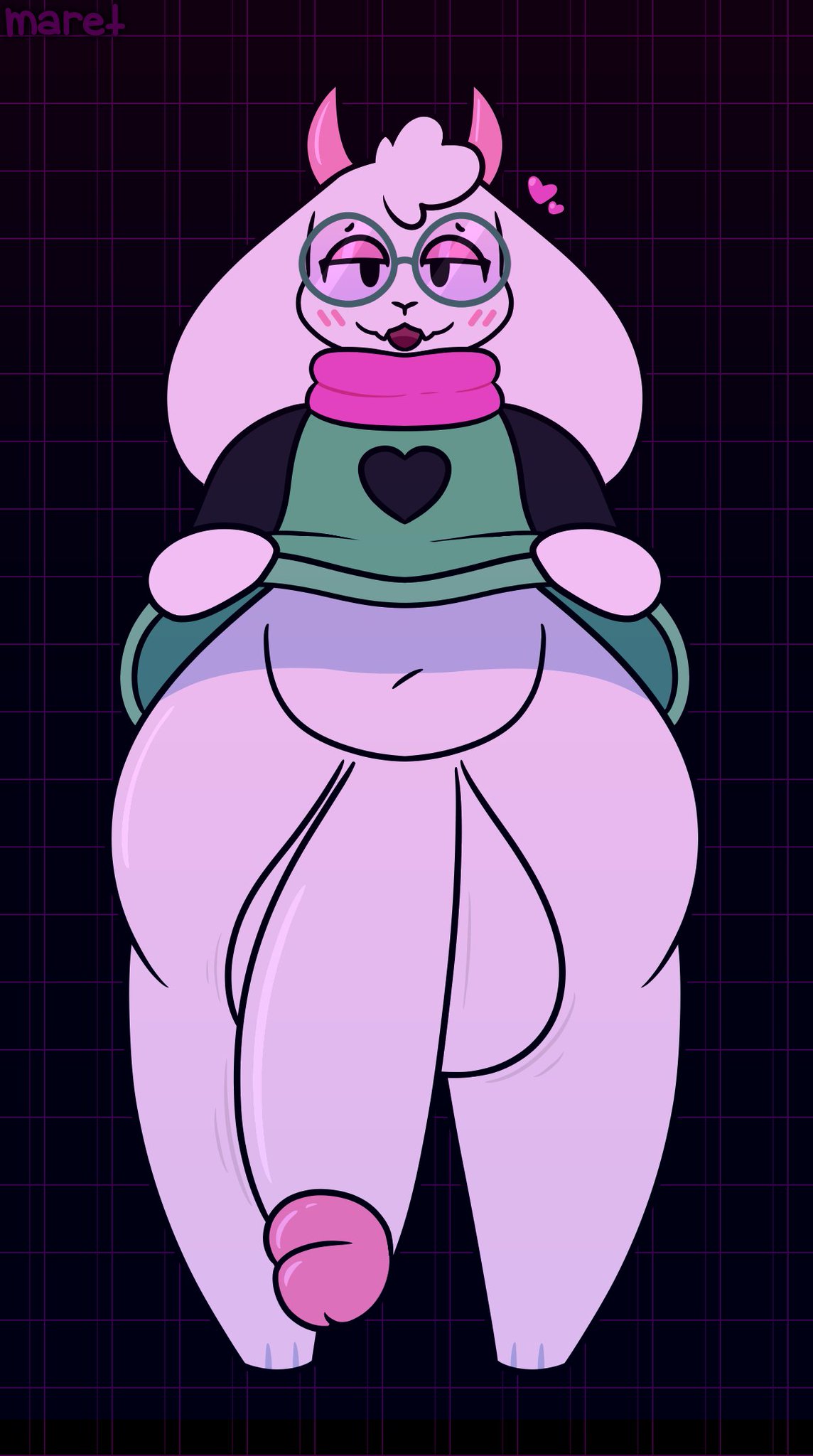 abstract_background anthro blush deltarune evilfiendish femboy femboy_focus fur furry glasses goat goat_boy heart horns huge_balls huge_cock hung_trap hyper_penis lifting_dress penis_focus presenting presenting_penis ralsei smile undertale