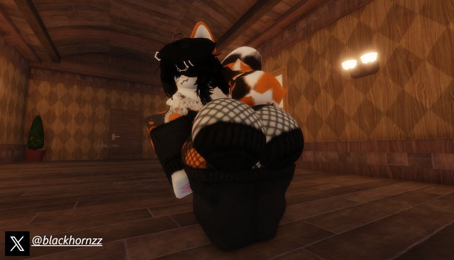 1girls 3d ass ass_focus bending_over bent_over beret big_ass black_hair blackhornzz blue_eyes calico_cat cat_girl clothed clothed_female clothing doors_(roblox) fangs female fishnet_legwear fishnets furry furry_female looking_at_viewer offering one_eye_covered pawpads paws presenting presenting_ass roblox roblox_game robloxian socks solo solo_female tail thigh_highs thighhighs