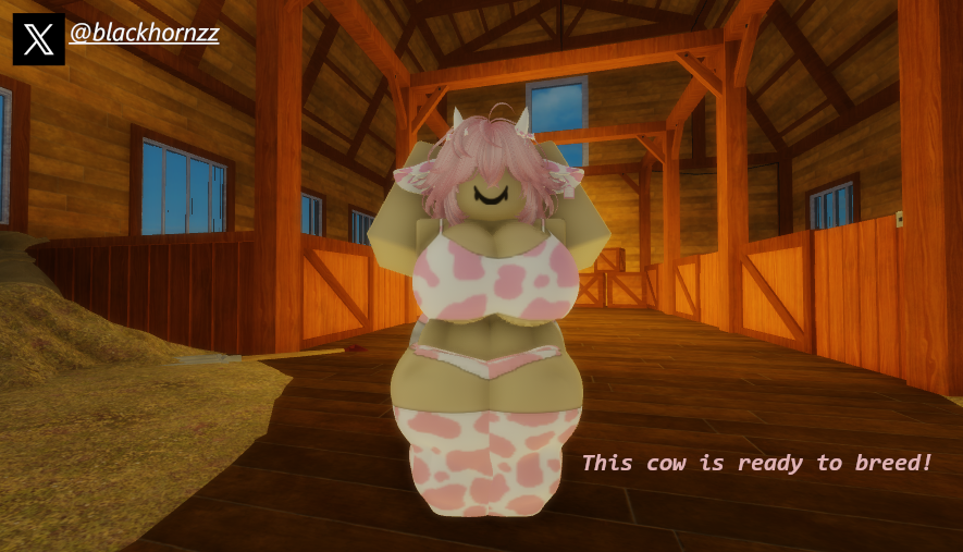 1girls 3d barn big_ass big_breasts blackhornzz breasts breeding_farm breeding_request breeding_slave cleavage cow_bikini cow_ears cow_girl cow_print_bikini fangs female midriff pink_bikini pink_hair roblox robloxian tagme thick_thighs thigh_highs thighighs thighs