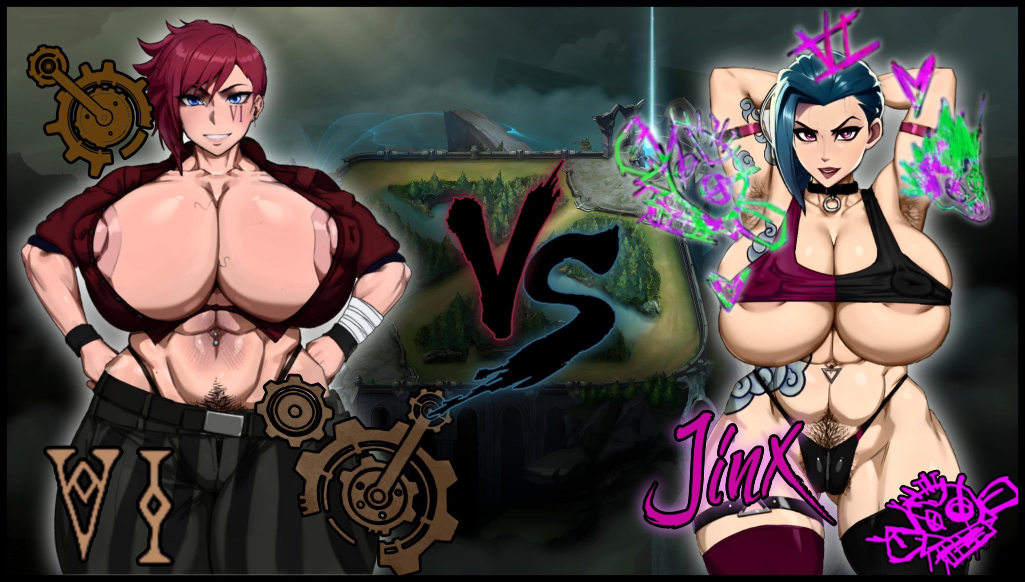 big breasts, blue eyes, blue hair, breasts, edit, edited art, english text, female, group of monsters, hairy pussy, hand behind head, hands on hips, huge breasts, jinx (league of legends), league of legends, light skin, light-skinned female, looking at viewer, muscular, muscular female, muscular thighs, pussy, red eyes, red hair, thick thighs, vi, wide hips